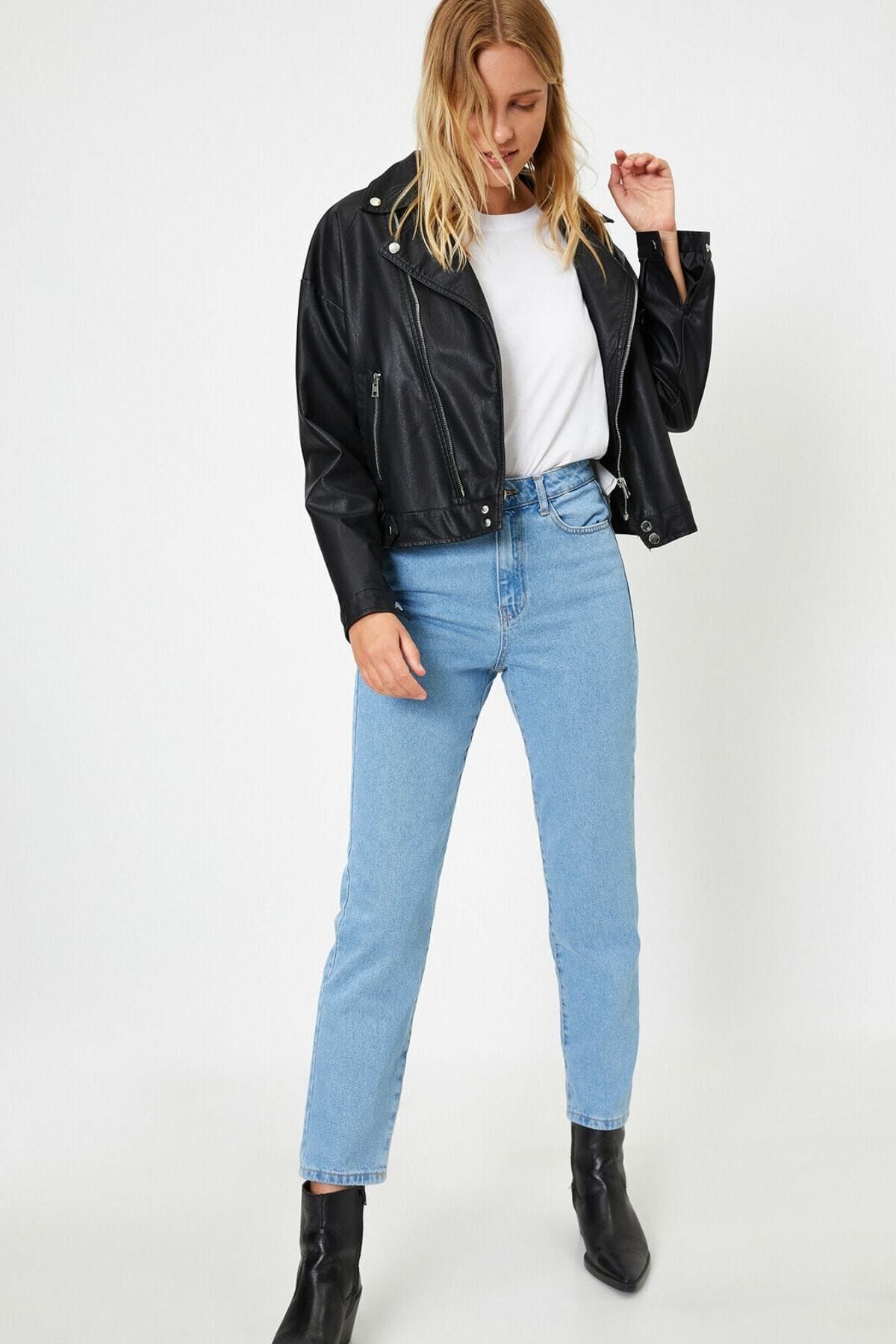 koton kadin mavi pamuklu yuksek bel mom jeans 1kak47065md fiyati yorumlari trendyol