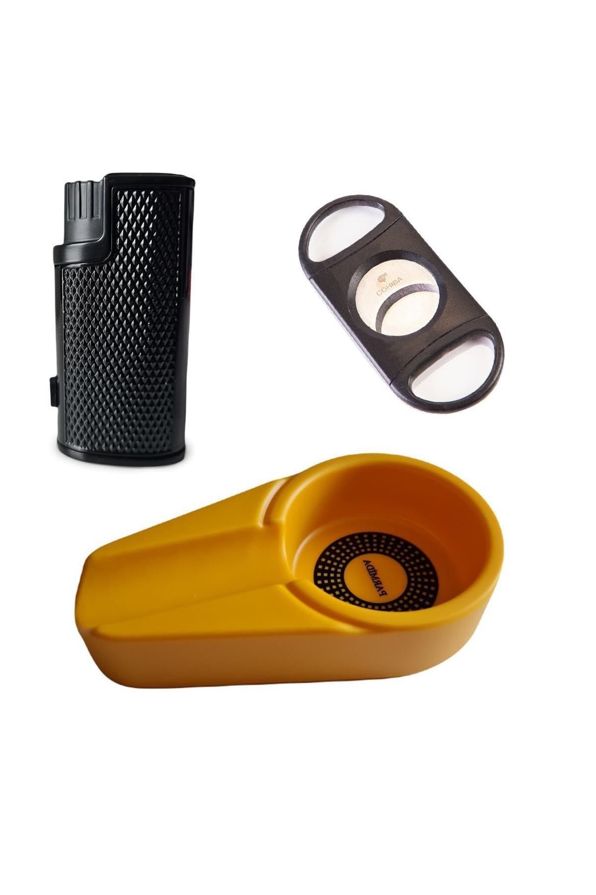 TBek Full Puro Set 3 Torch Puro Çakmak, M Kesici, Tekli Puro Küllük Siyah/sarı