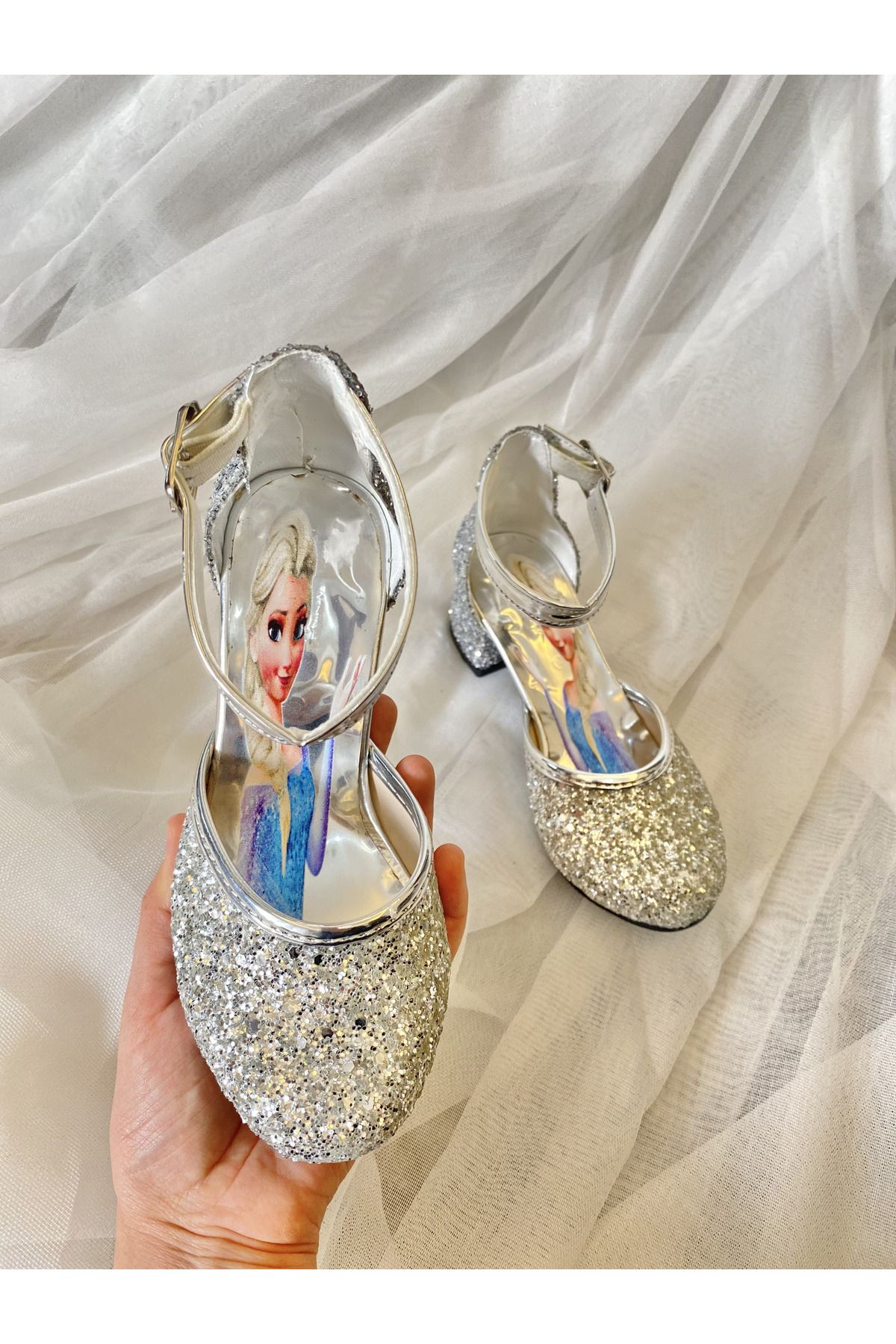 NS Little Silver Sparkly Elsa Printed Girls Heeled Shoes Trendyol