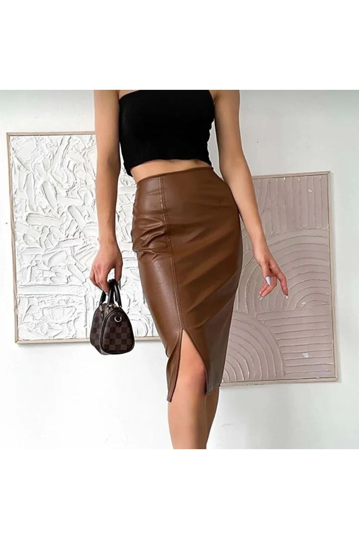 Tan faux shop leather pencil skirt