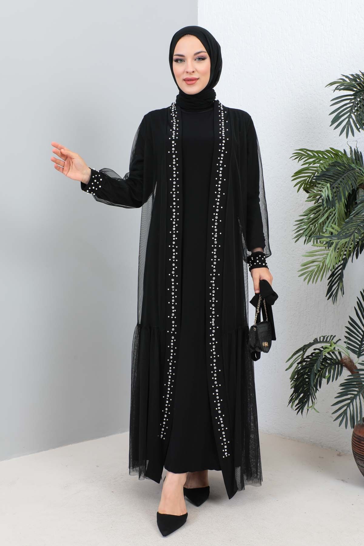 majButik Black Pearl Tulle Abaya Trendyol