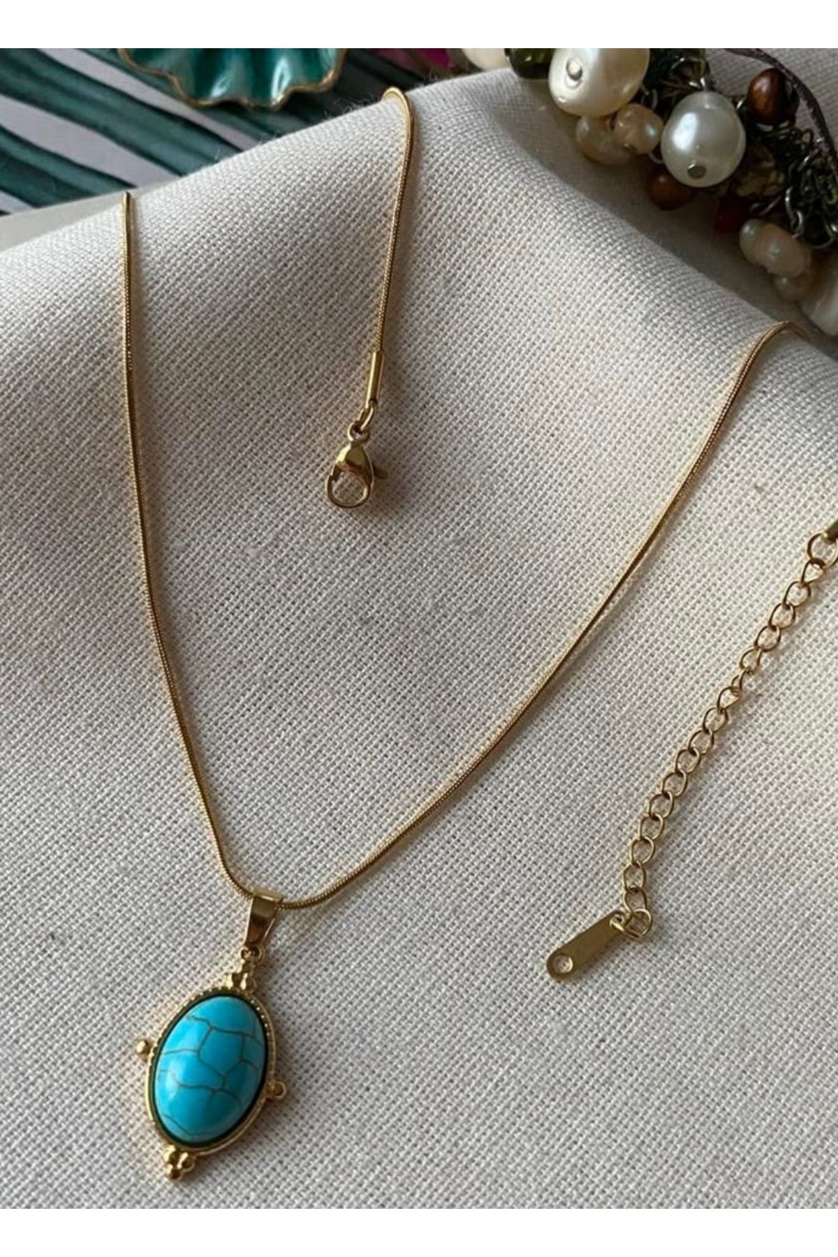 EL F TAKI AKSESUAR Steel Gold Mirror Turquoise Necklace Trendyol