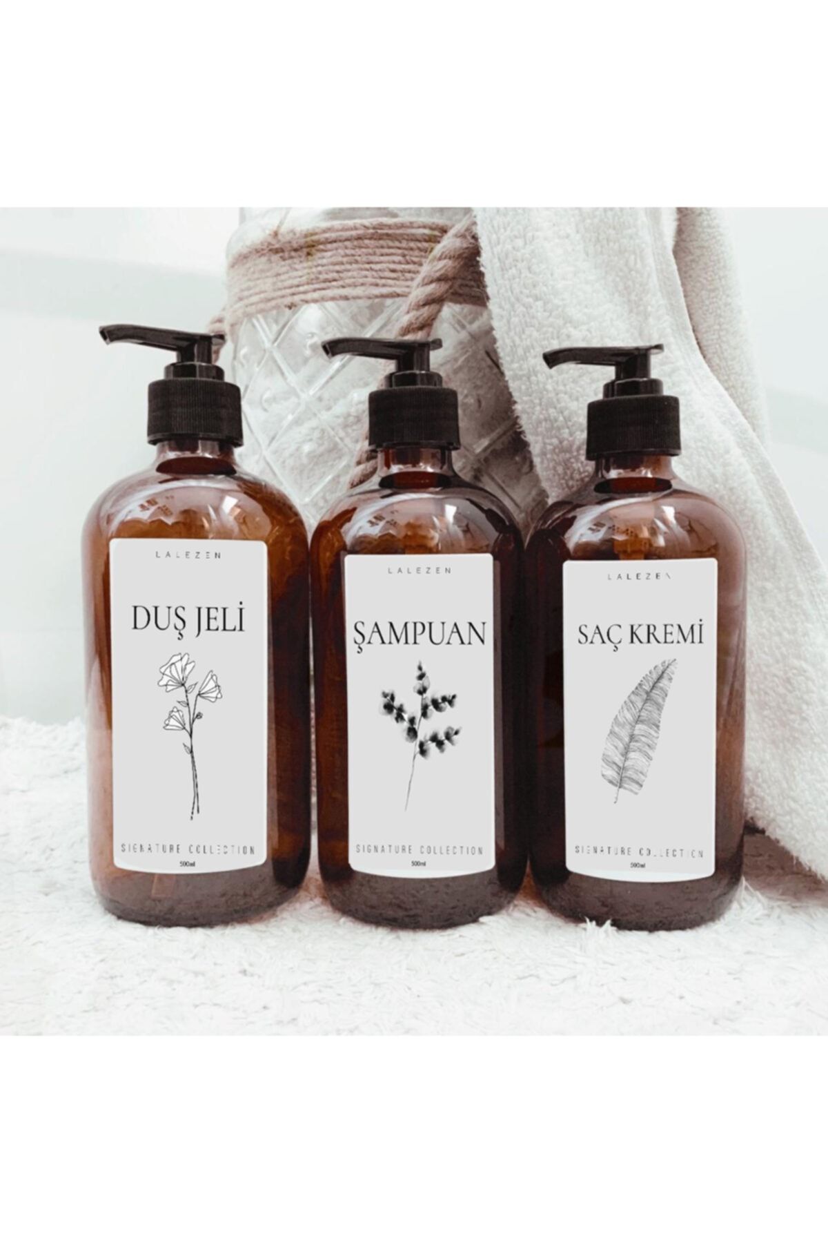 LALEZEN Amber Cam Şişe Çiçekli Set- Şampuan Duş Jeli Ve Saç Kremi 3 Lü Banyo Seti 500 Ml