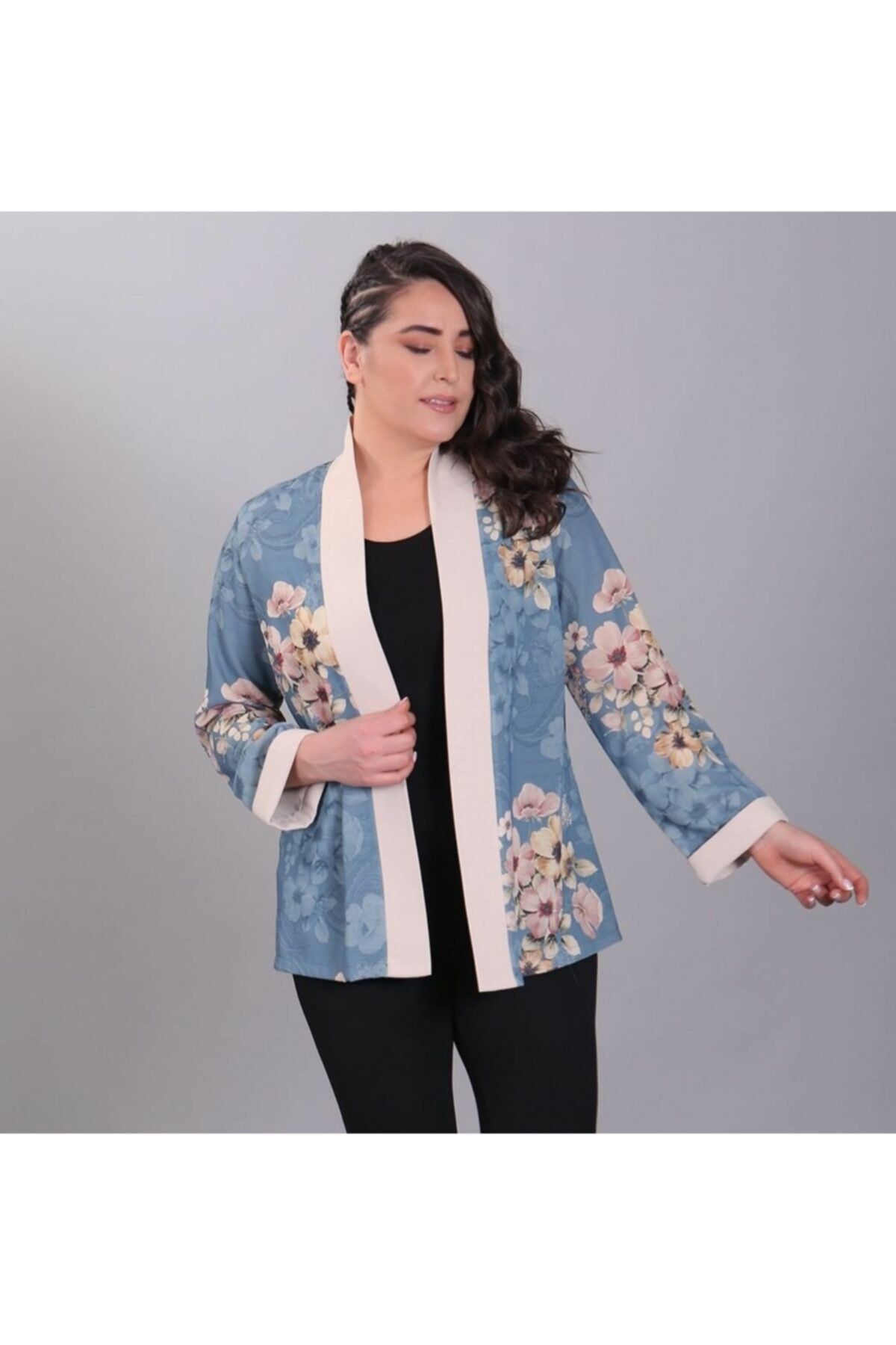 FAHRETTİN MODA Indigo Çiçek Desenli Ön Bantlı Kimono