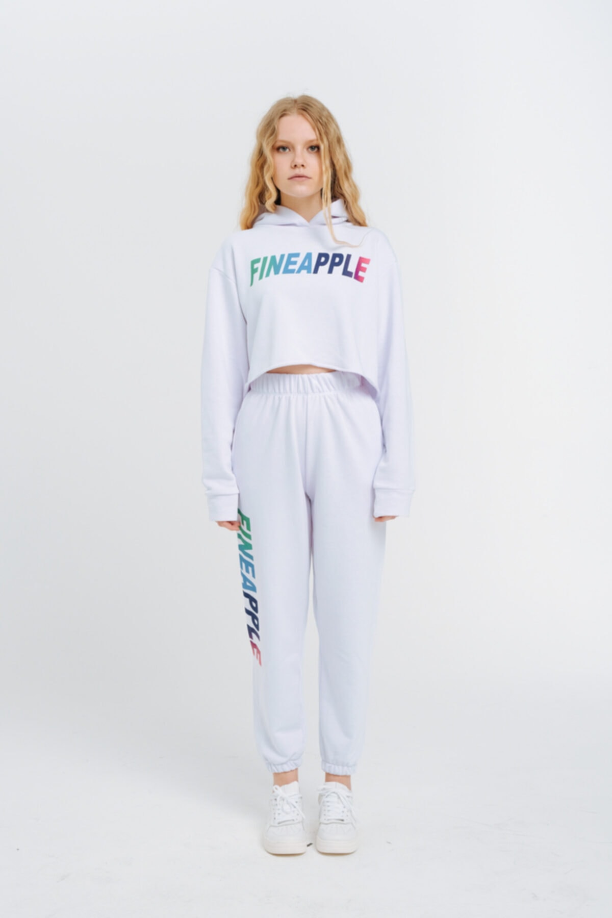 Fineapple Beyaz Renkli Baskılı Yüksek Bel Beli Lastikli Pamuklu Eşofman Alt