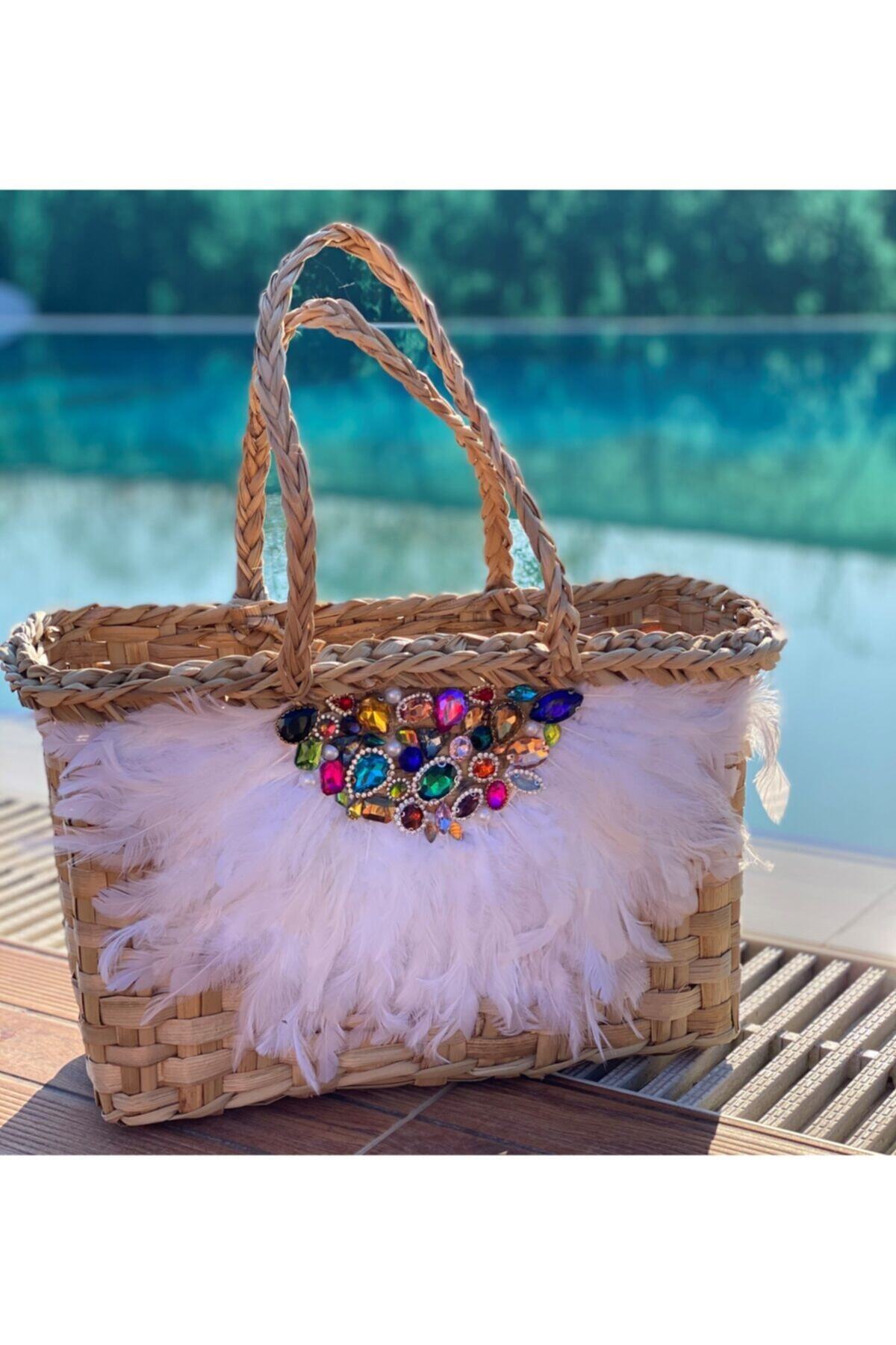 LemaWorkShop Kadın Hasır Feather Bag Plaj Çantası
