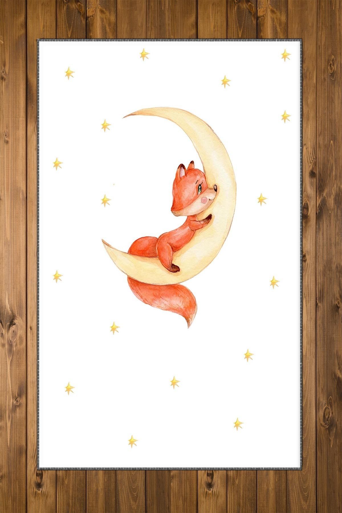 Else Halı Else Ay Yıldız Uyuyan Tilkili 3D Desenli Bebek Odası Halısı