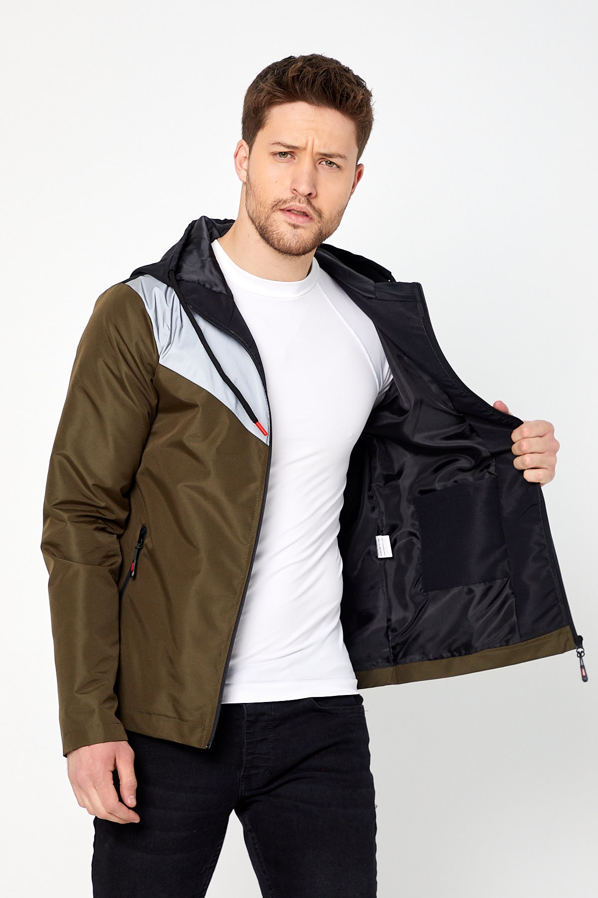 BACKMAN Erkek Siyah Haki 3 Renk Kapüşonlu Reflektörlü Yağmurluk