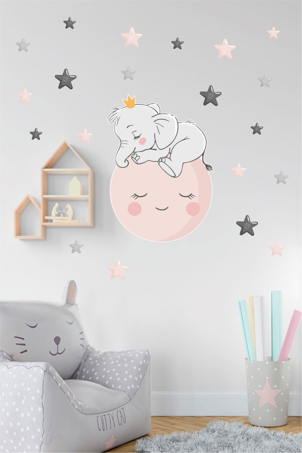 BK Decor Ay Üstünde Uyuyan Sevimli Fil Ve Yıldızlar Çocuk Odası Duvar Sticker