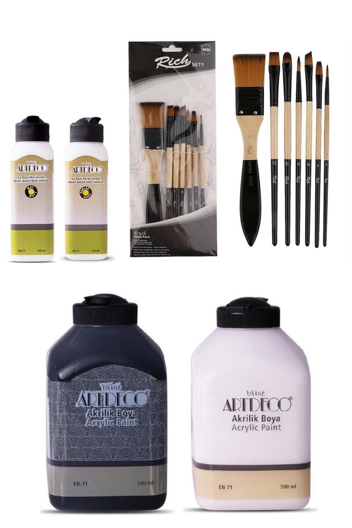 Artdeco Rich Akrilik Boya Siyah Beyaz 2 X 500 Ml. + Karışık Fırça + 2 X Parlak Ve Mat Vernik (140 Ml.)