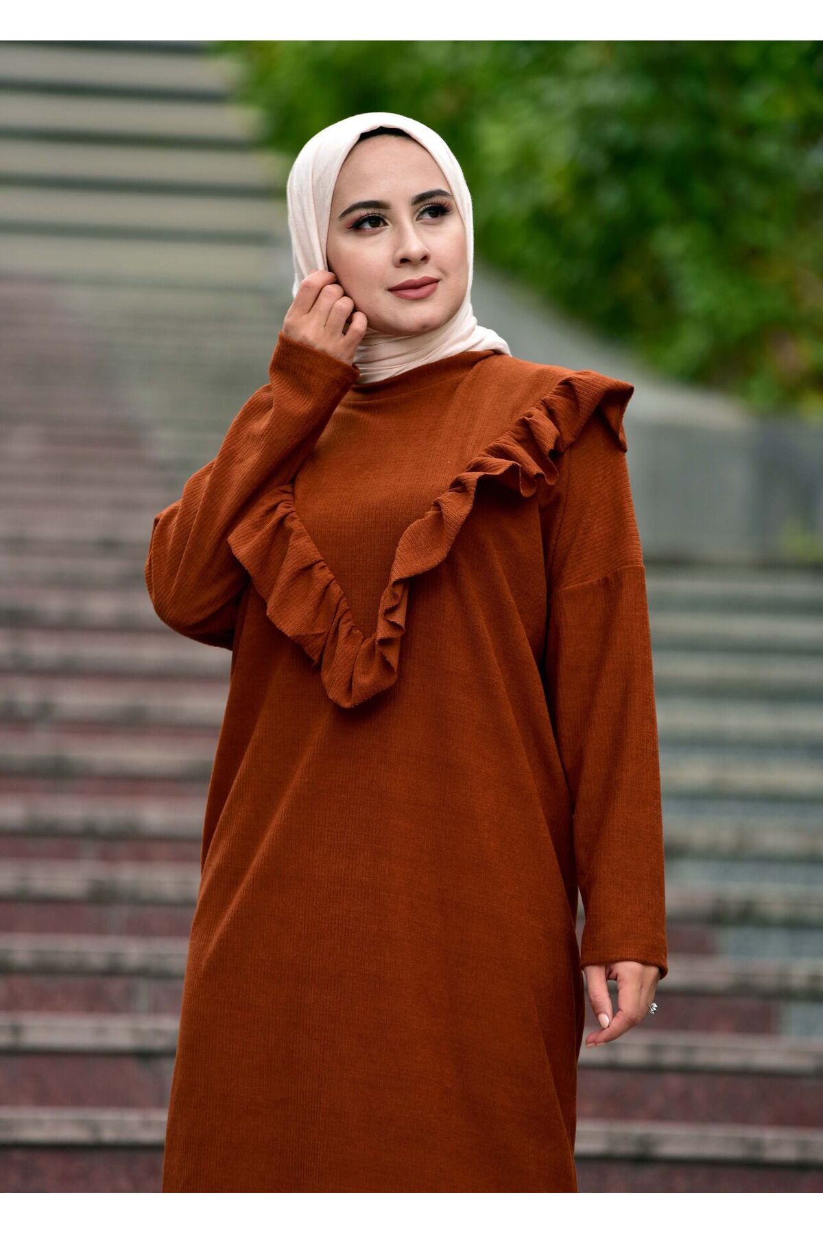Defne Bahar Ruffle Detailed Hijab Midi Dress Brick Size 36 44
