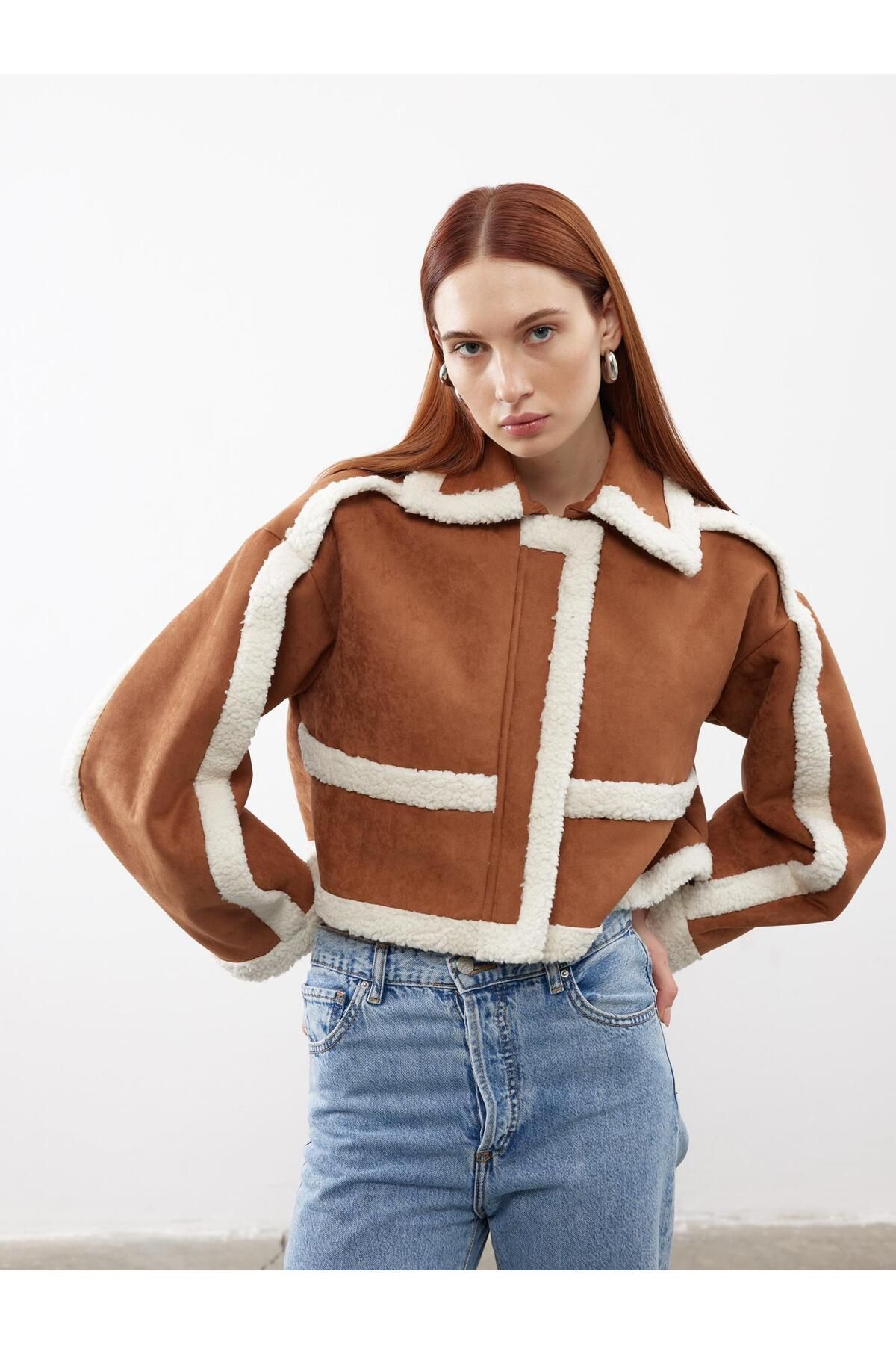 Juste Furry Suede Crop Jacket Tan Trendyol