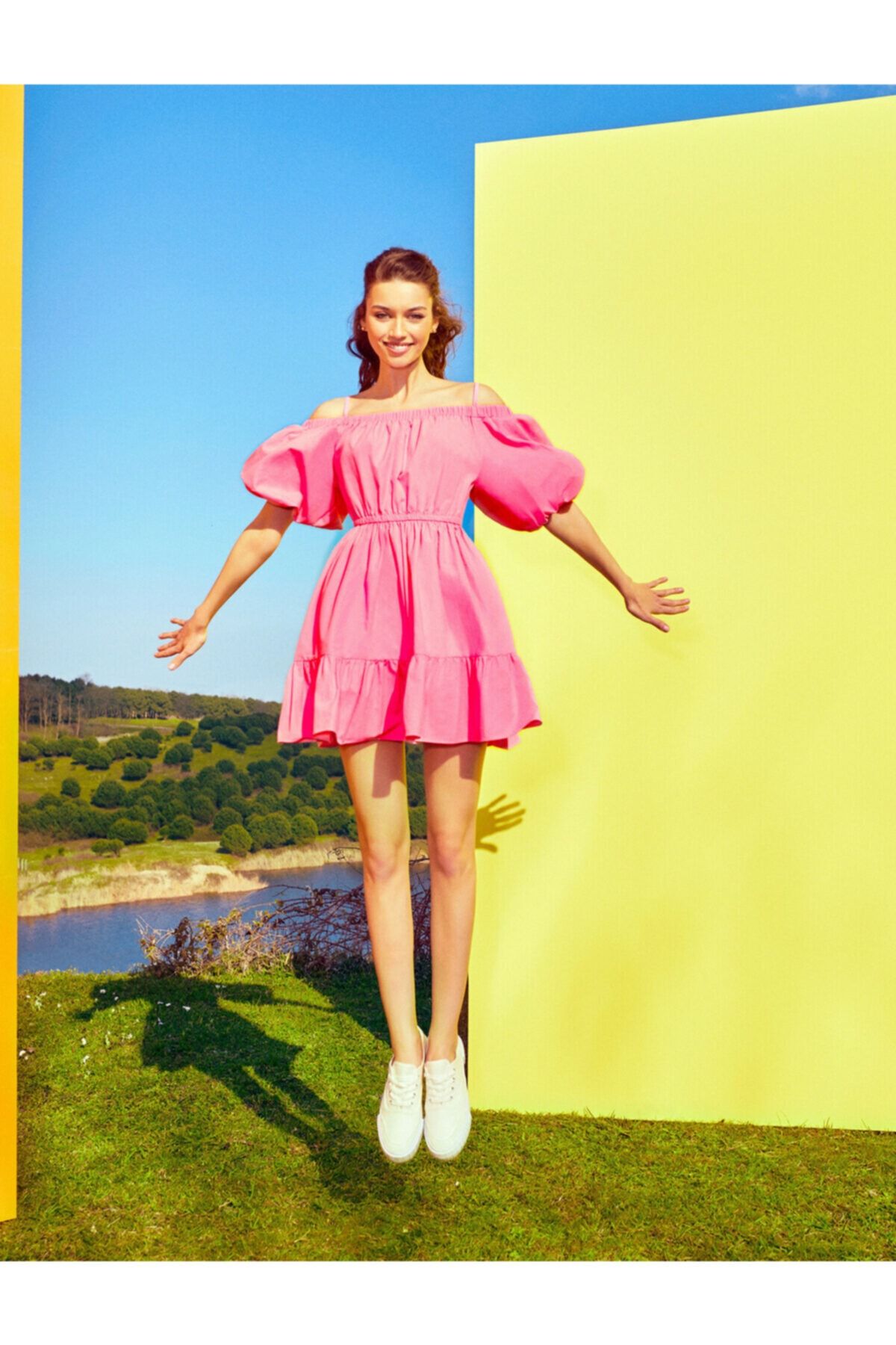 koton kadin pembe poplin balon kollu mini pamuklu elbise fiyati yorumlari trendyol