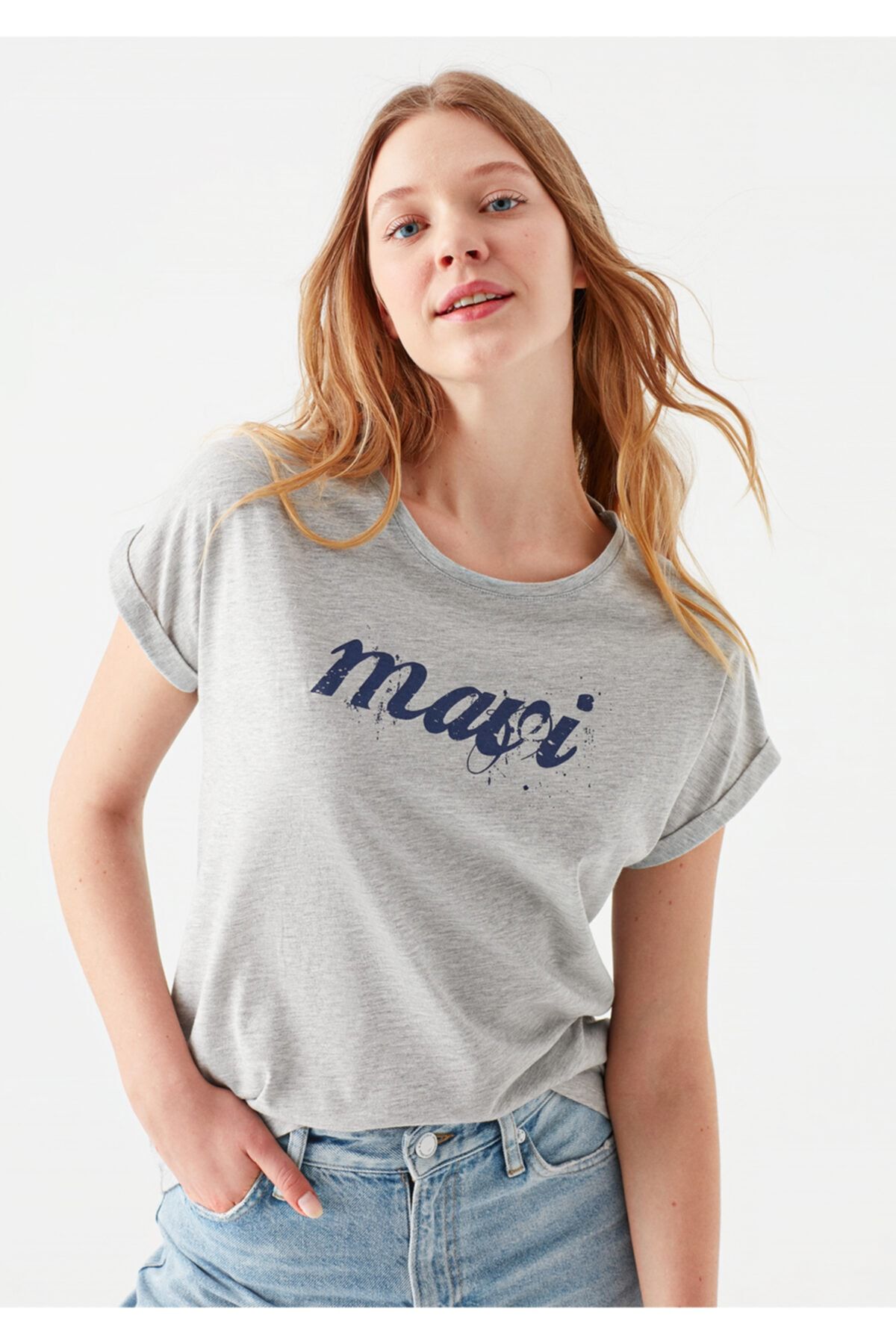 Mavi Logo Baskılı Gri Tişört