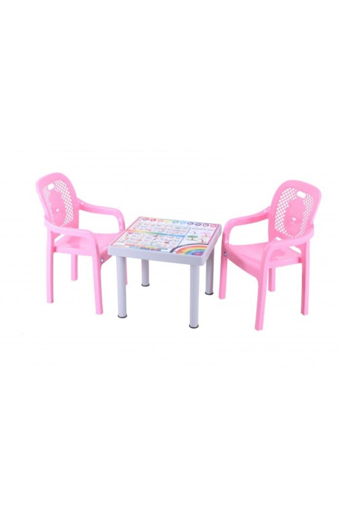 Sağlam Plastik Mandella Rubi Ingilizce Desenli Çocuk Masası 2 Adet Rubi Çocuk Koltuk Pembe