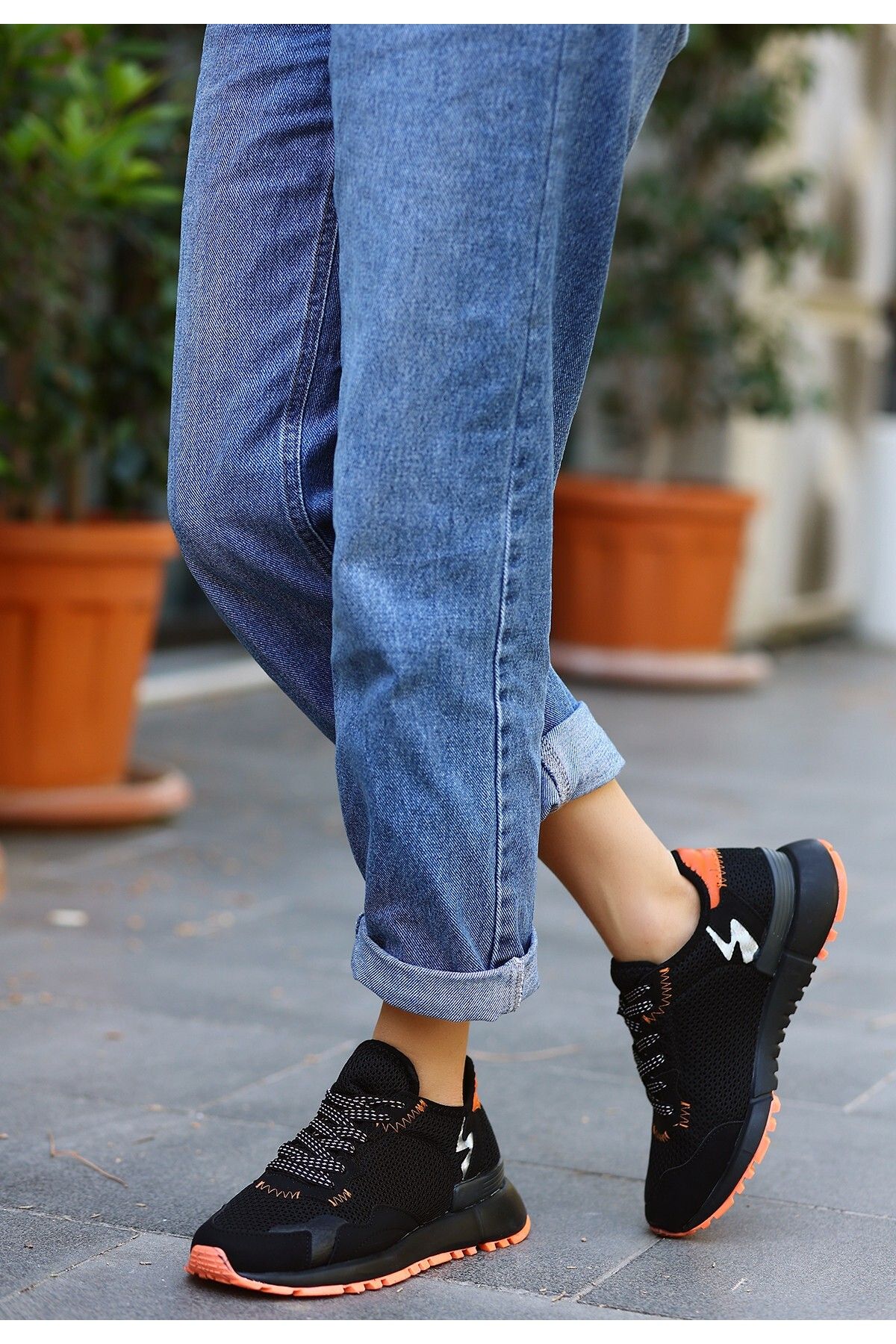 Erbilden Jaile Black Suede Lace Up Sports Shoes with Orange