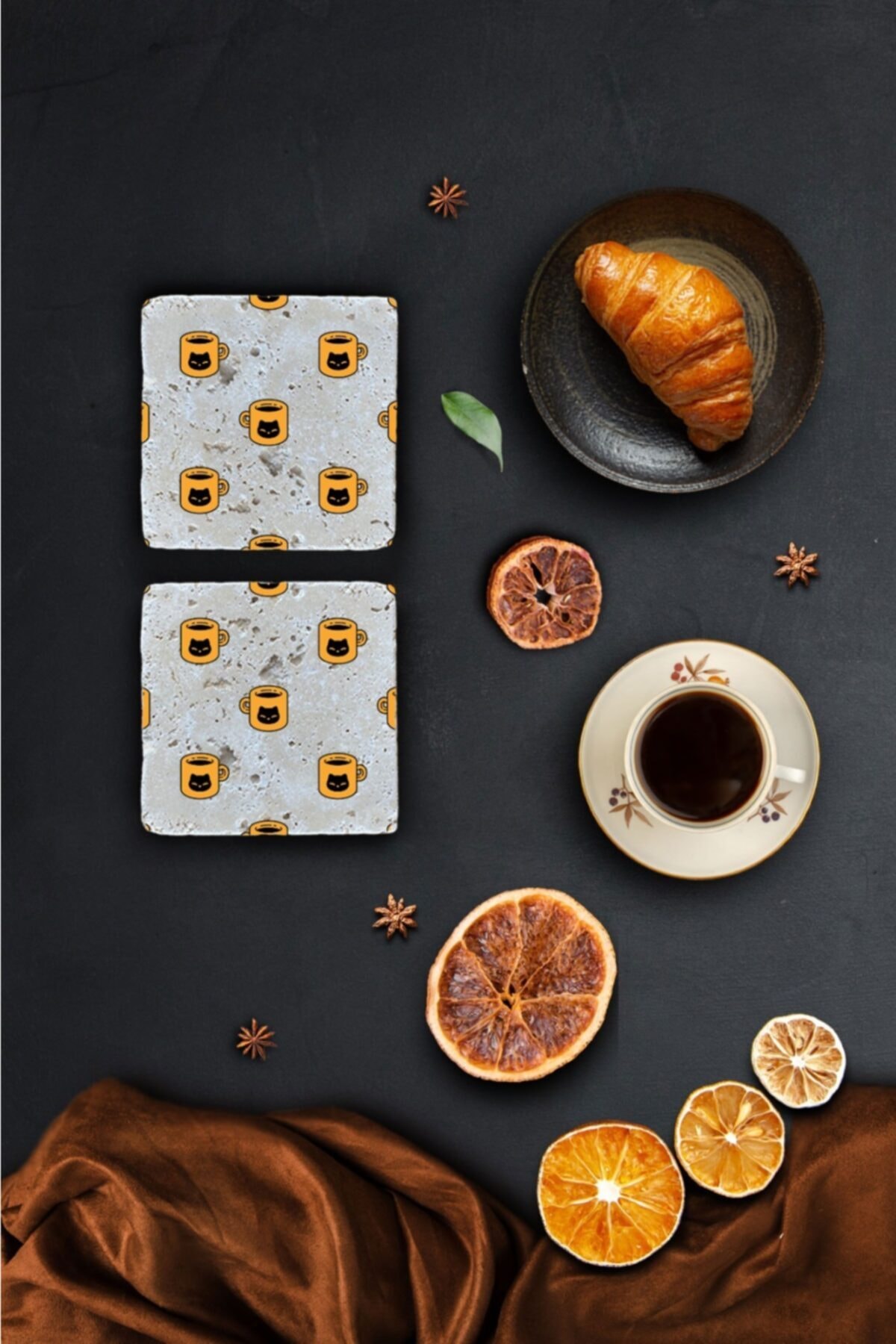 pixolog Kedili Kupa Desenli 2'li Set Taş Bardak Altlığı Ba424