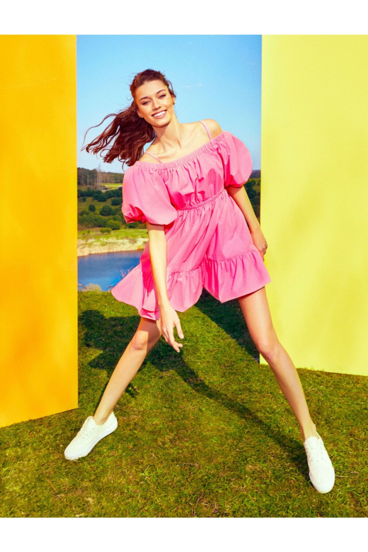 koton kadin pembe poplin balon kollu mini pamuklu elbise fiyati yorumlari trendyol