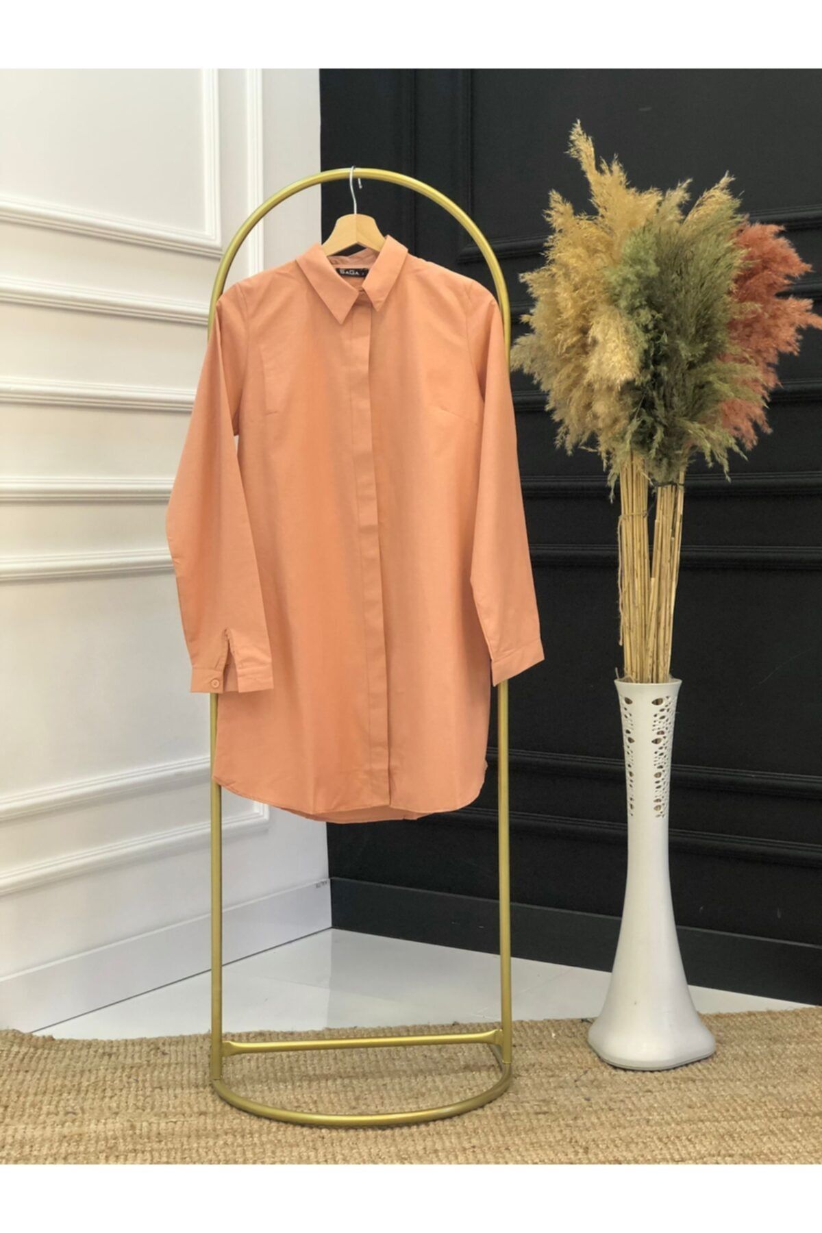 İmajButik Gizli Patlı Düğmeli Düz Tunik Gömlek-somon