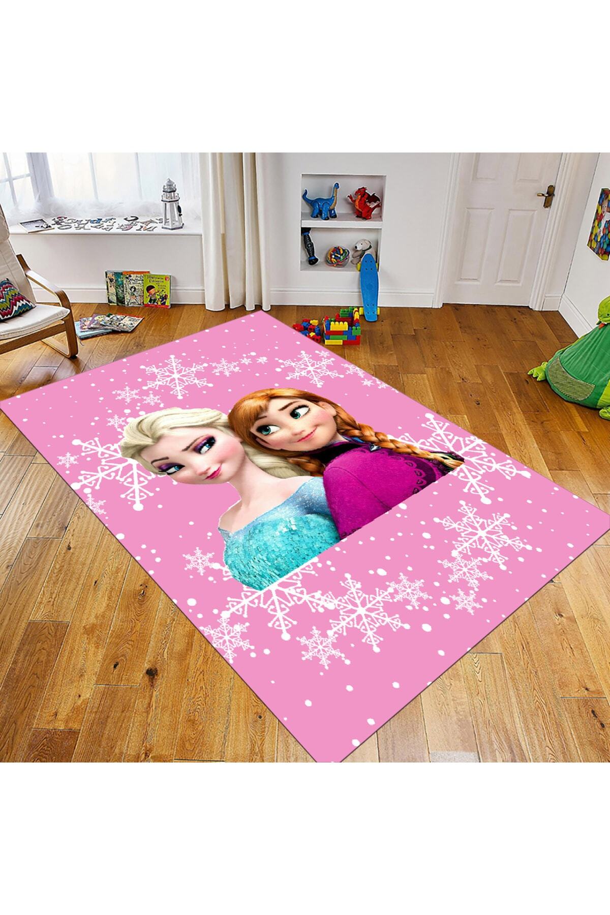 System Ev Dekorasyon Pembe Elsa Anna Kaymaz Taban Çocuk Odası Halısı