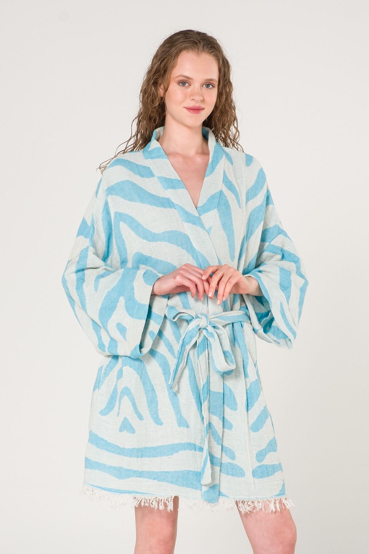 Miespiga Kadın Mavi Dalga Desenli Peştemal Kimono