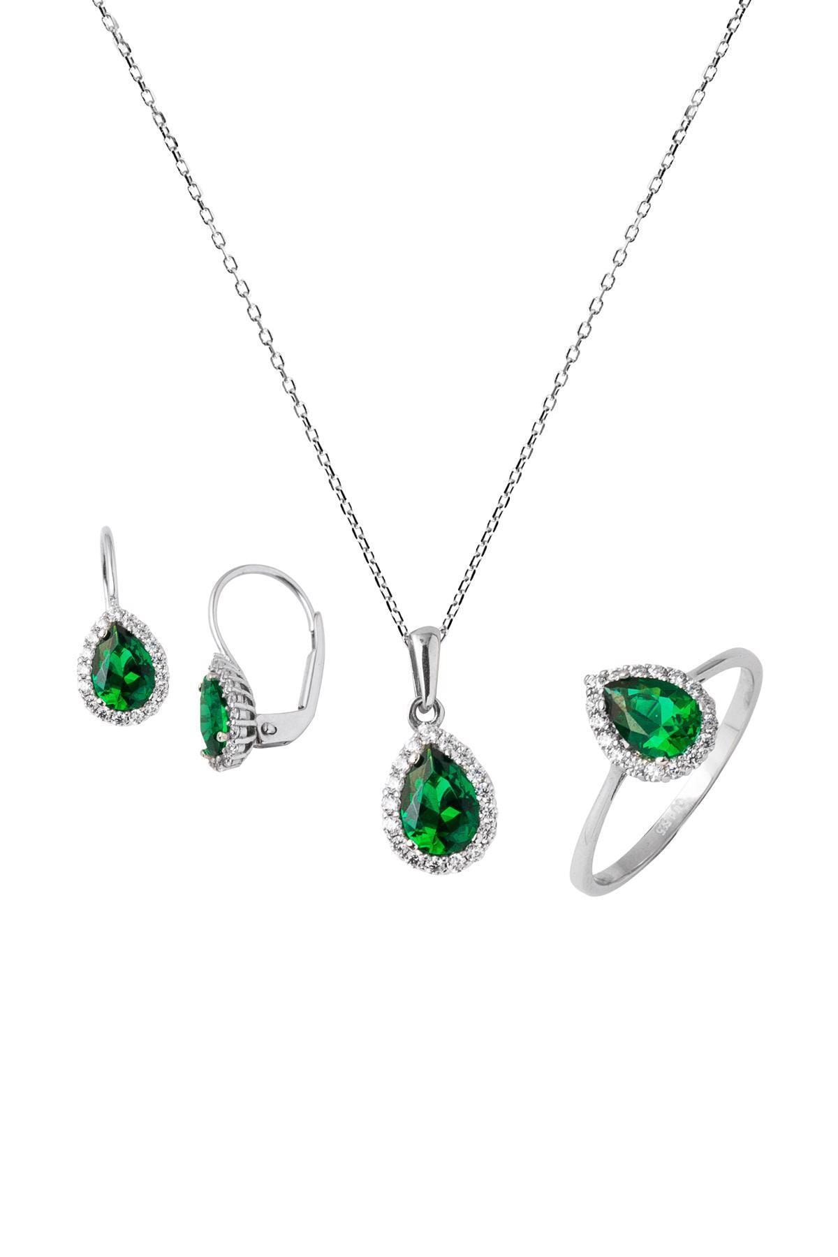 Bilezikci Kadın Damla Taşlı Beyaz Altın Üçlü Set