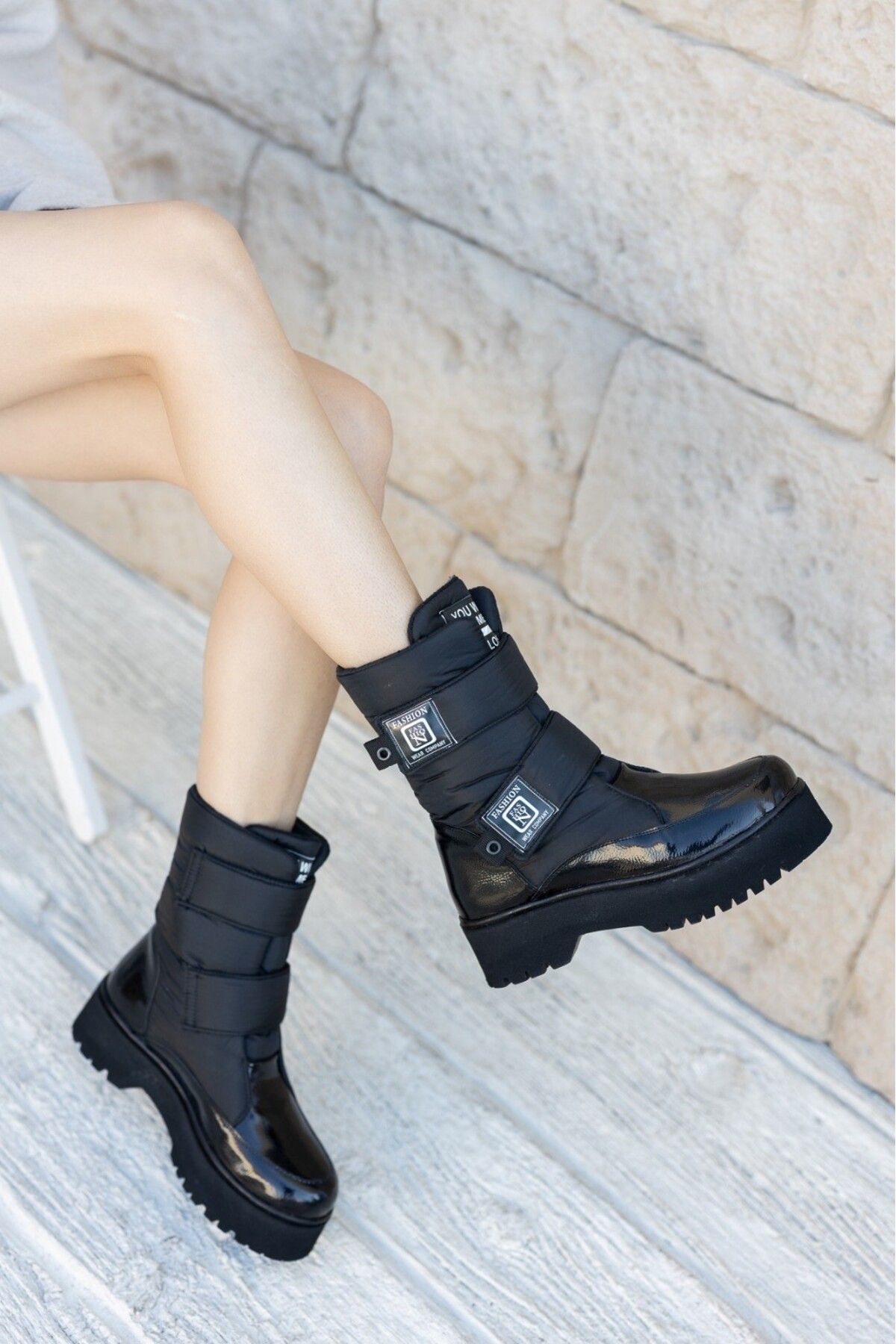 Black patent new arrivals leather snow boots
