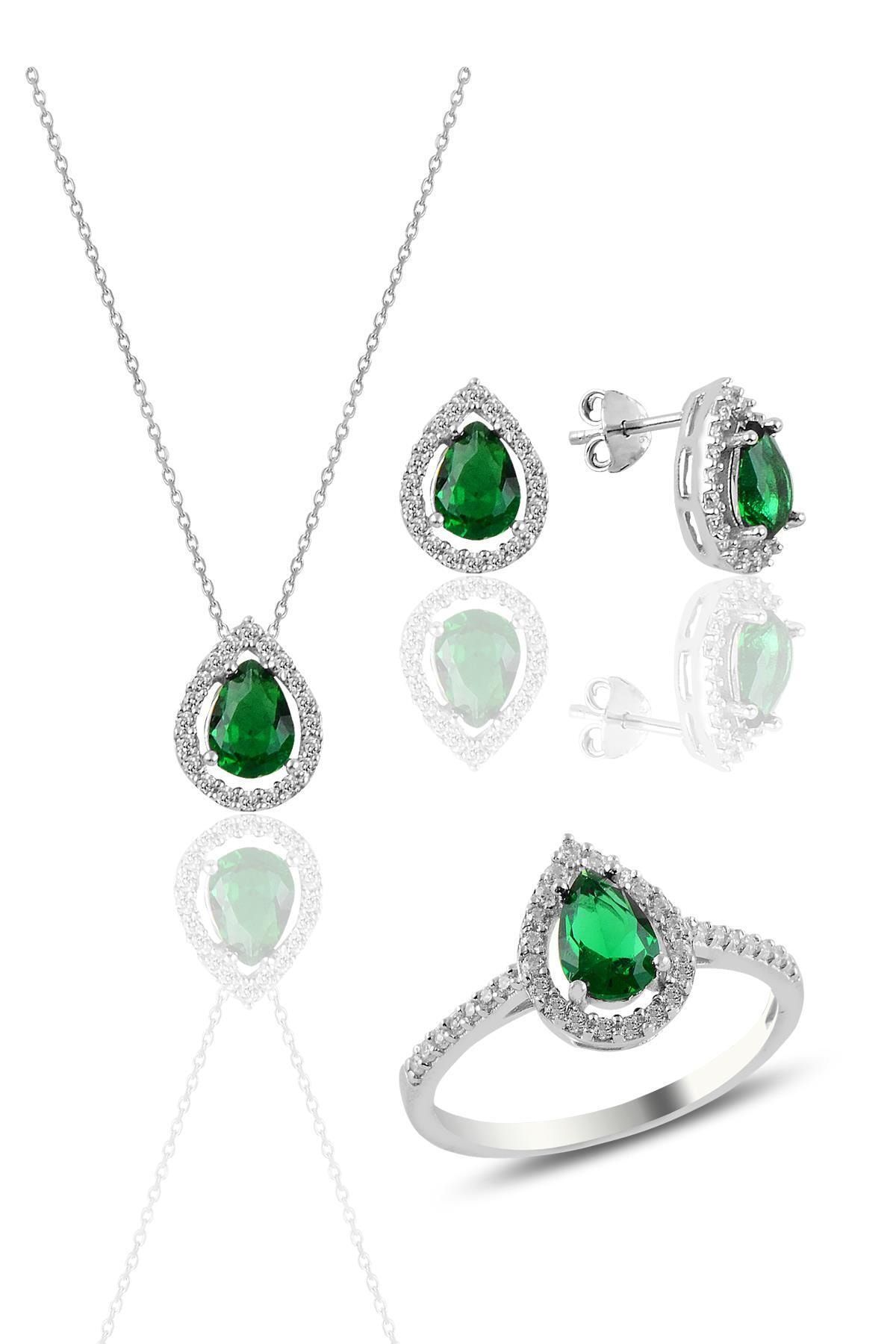 Söğütlü Silver Gümüş Rodyumlu Kök Zümrüt Taşlı Damla Modeli Üçlü Set