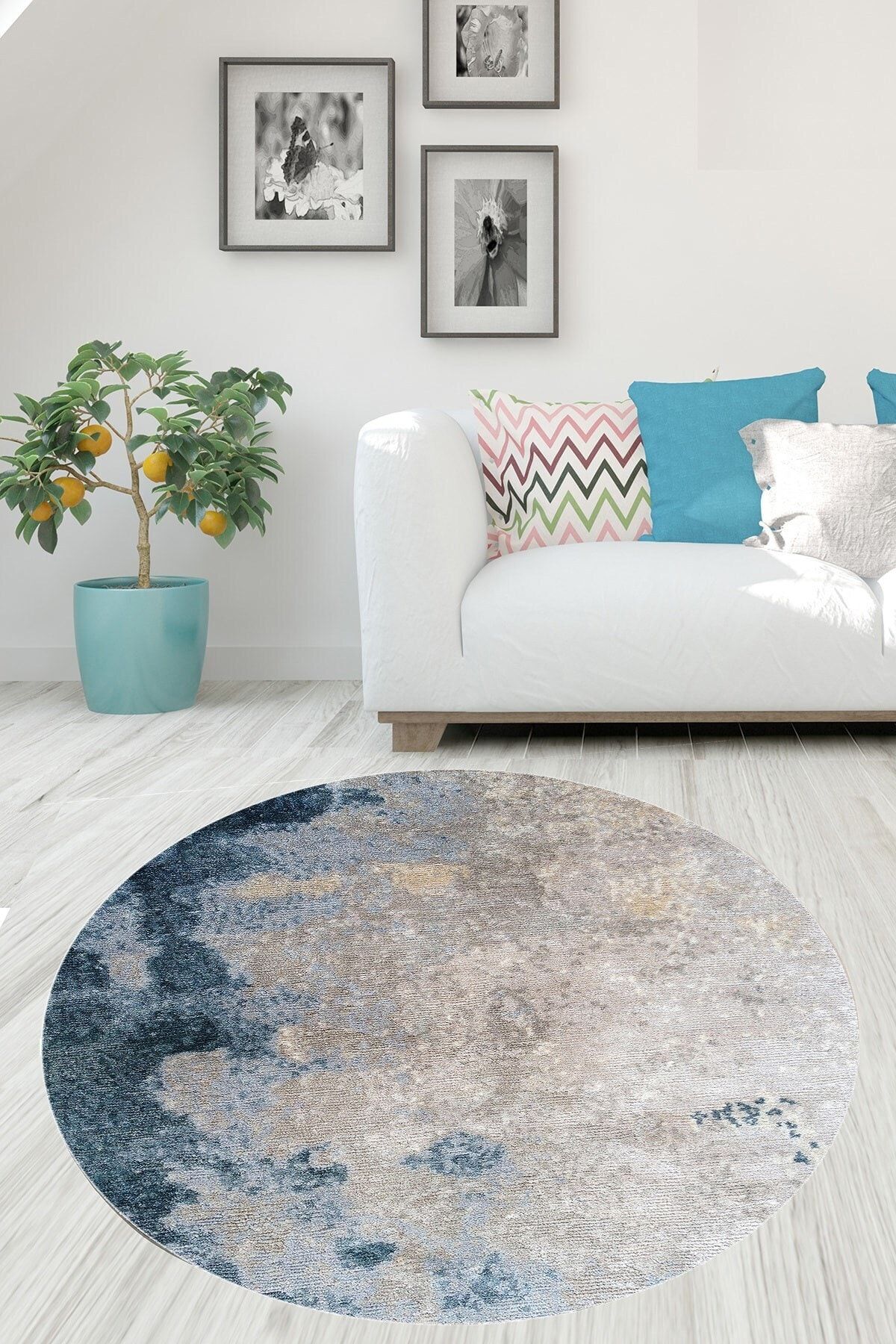 on the clouds Batik Desenli Renk Geçişli Dijital Baskı Yıkanabilir Kaymaz Taban Yuvarlak Salon ve Hol Halısı