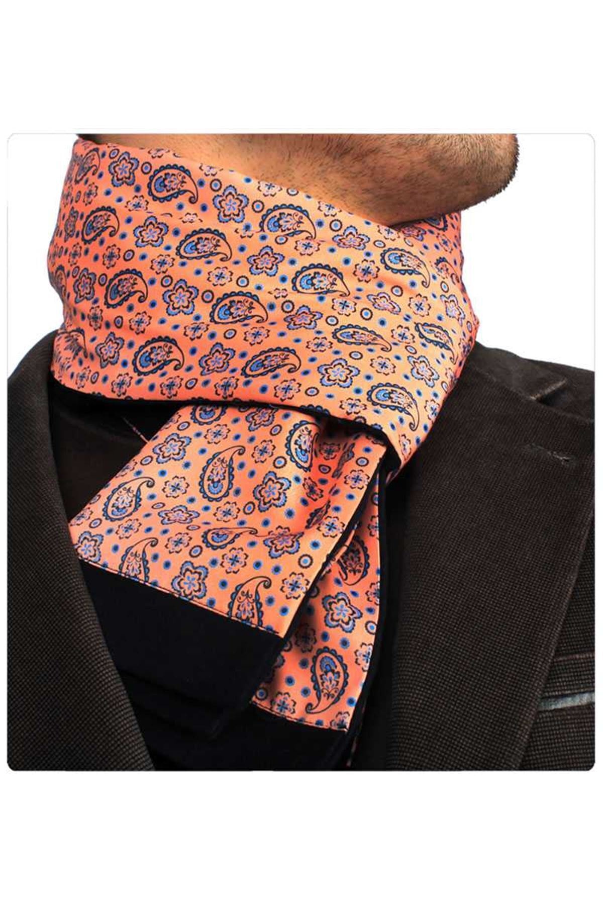 Exve Exclusive Erkek Mavi Şal Desenli Yavruağzı Çift Taraflı Atkı