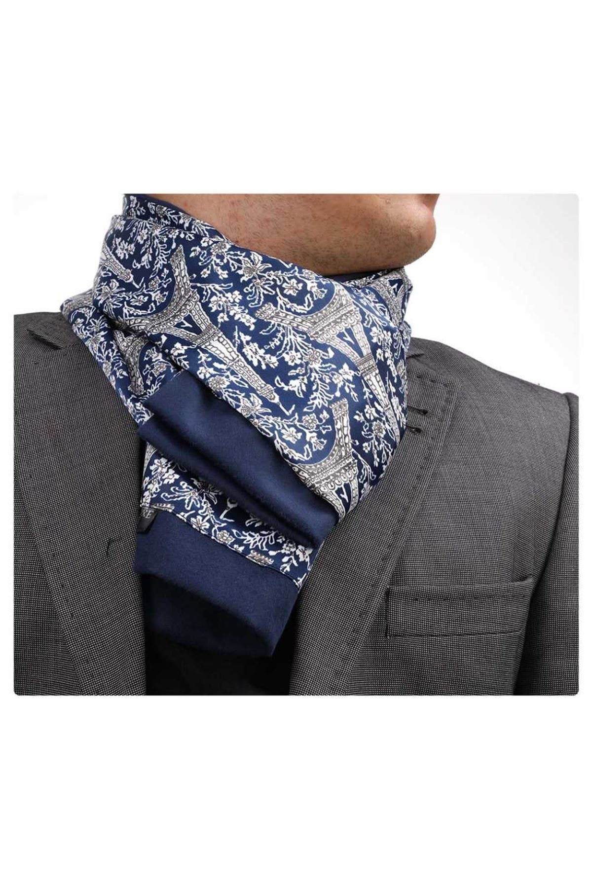 Exve Exclusive Erkek Lacivert Paris Eyfel Baskılı Atkı