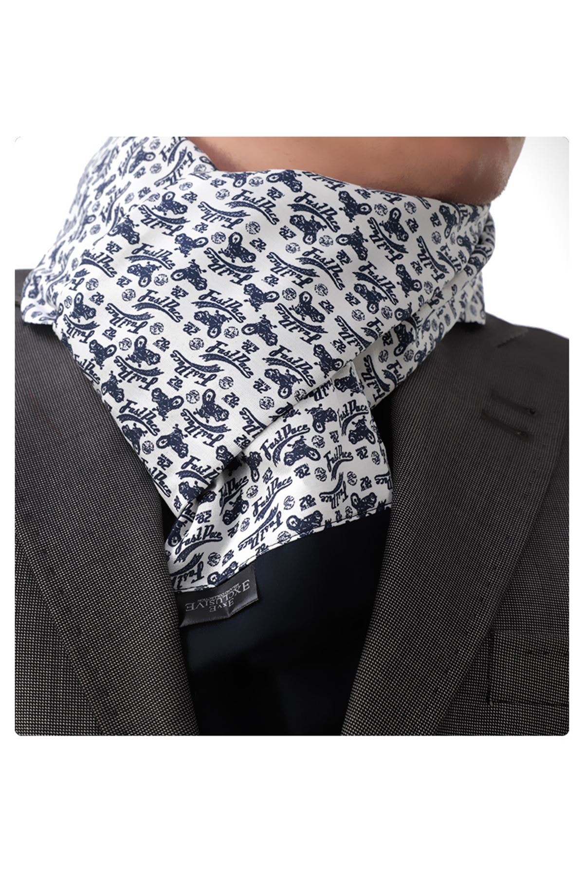 Exve Exclusive Erkek Lacivert Motor Baskılı Çift Taraflı Atkı