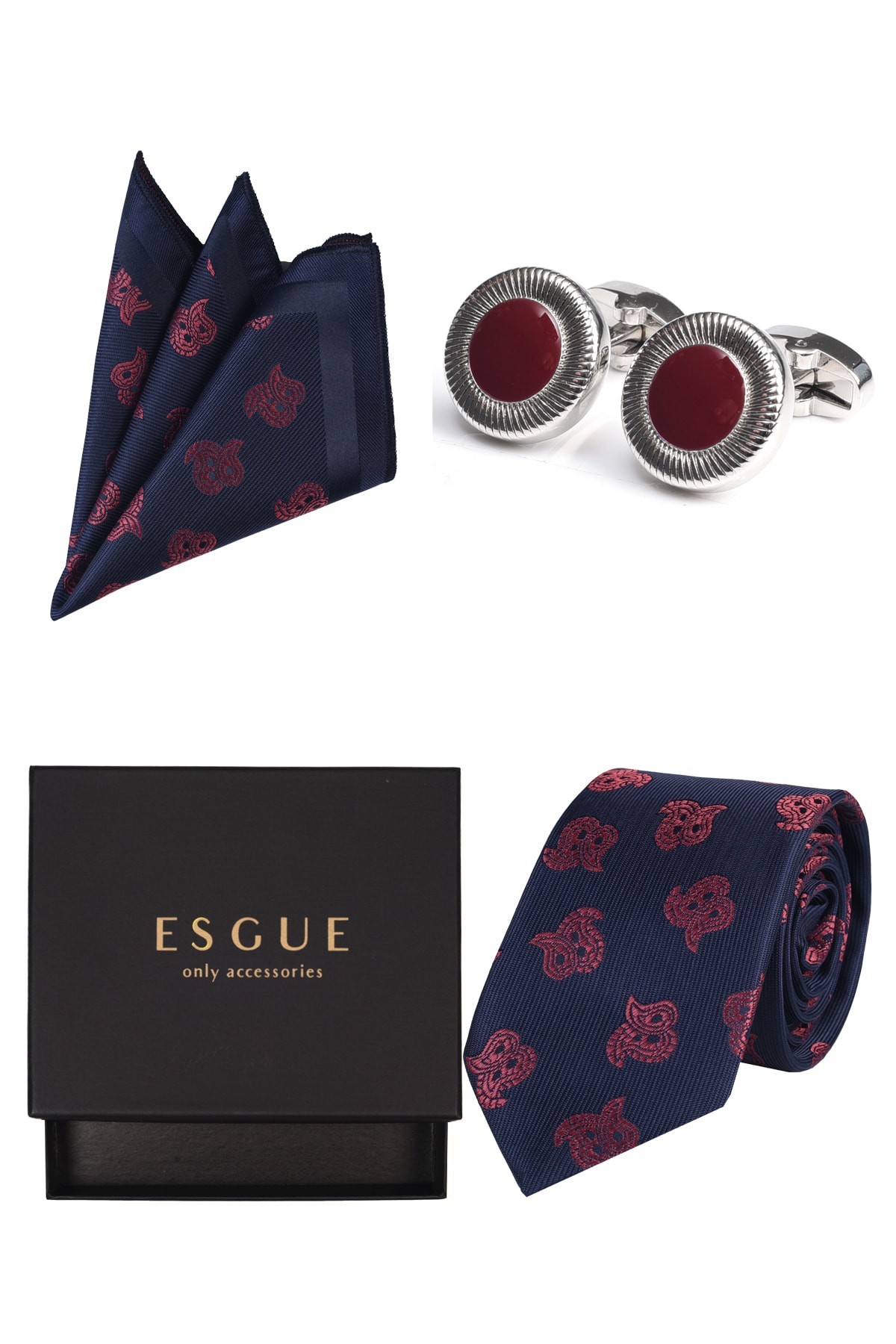 Esgue Erkek Bordo Kol Düğmesi & Kravat & Mendil Hediye Seti