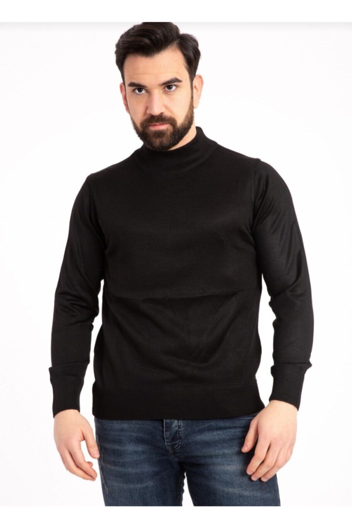 NOBLE STORE Men s Black Thin Wool Knitwear Dad Half Turtleneck