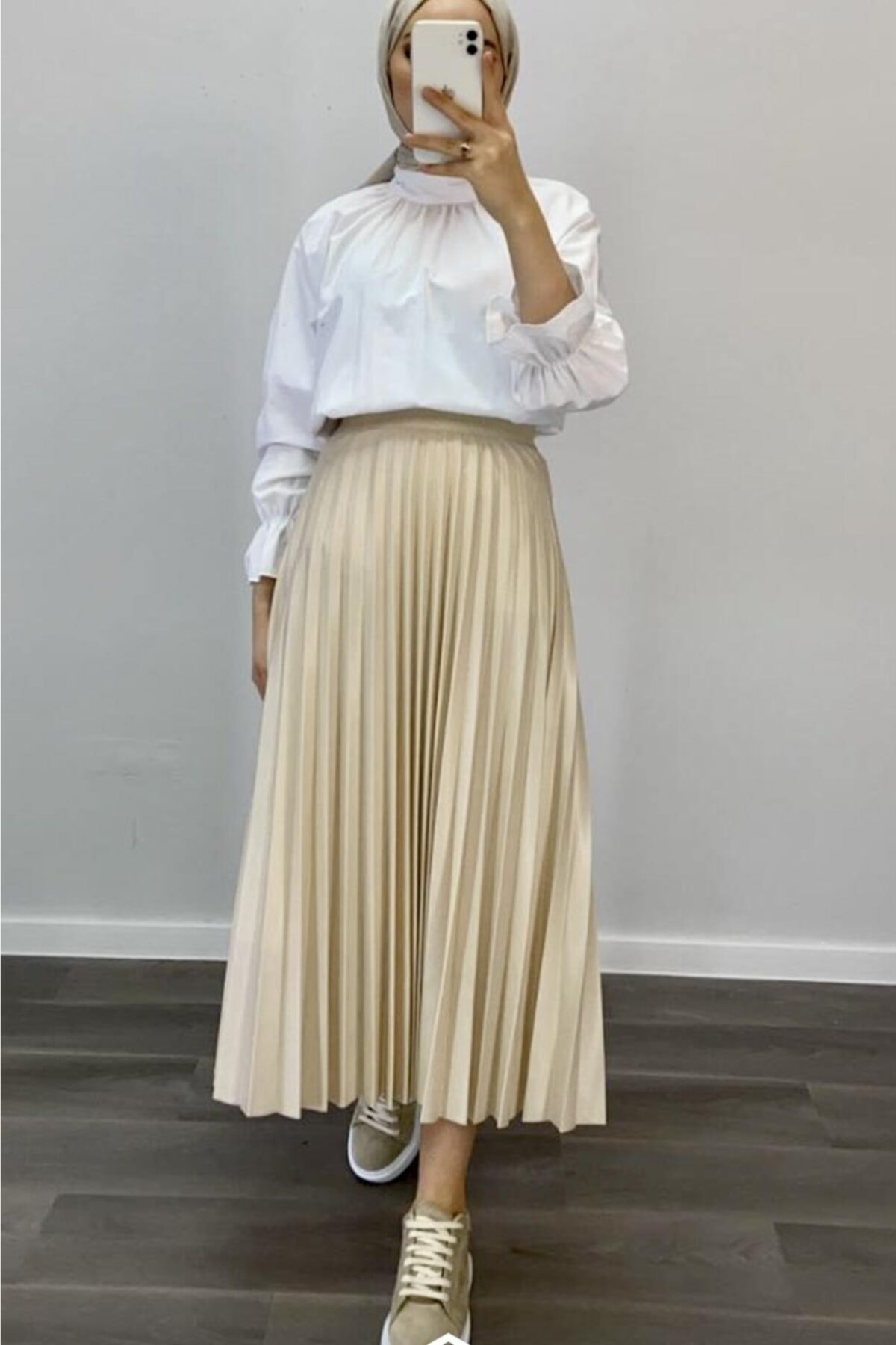 adressbutik Kadın Bej Renk Pliseli Belden Lastikli Astarlı Etek