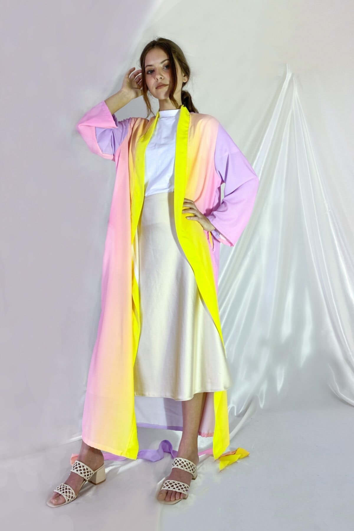 SA collection Kadın Sarı Lila Magic Renk Geçişli Tül Kimono