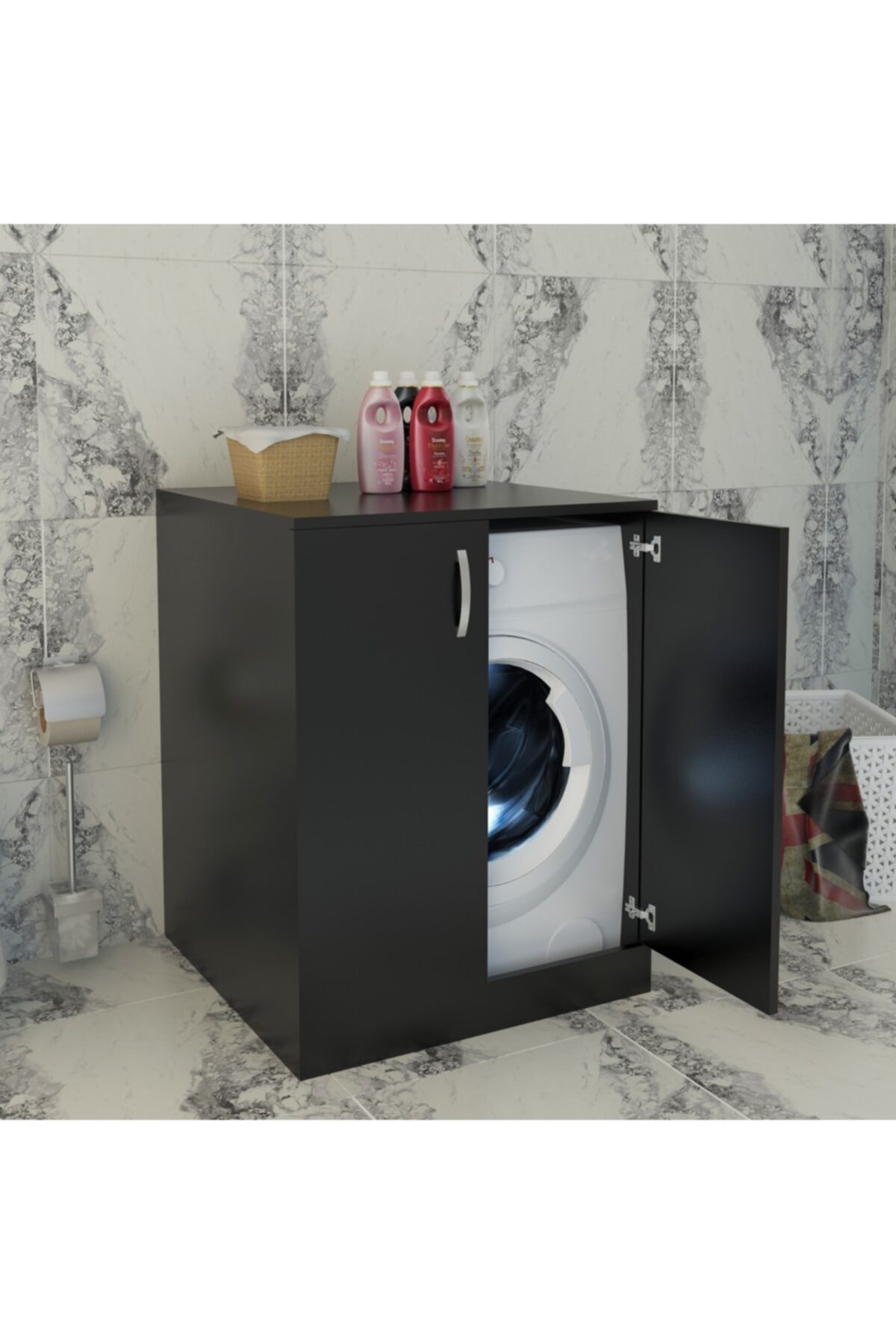 AVES MOBİLYA Siyah Banyo Çamaşır Makinası Dolabı