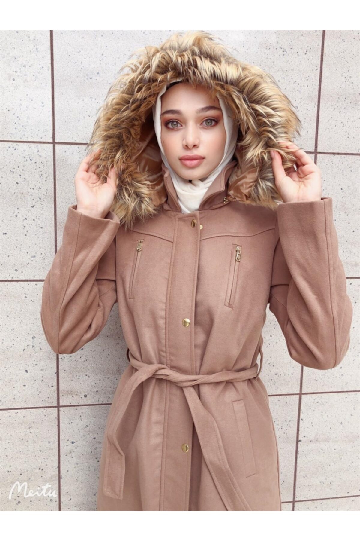 Moda Çizgi Kürklü Kaşe Kaban Mdc 6572 Bej