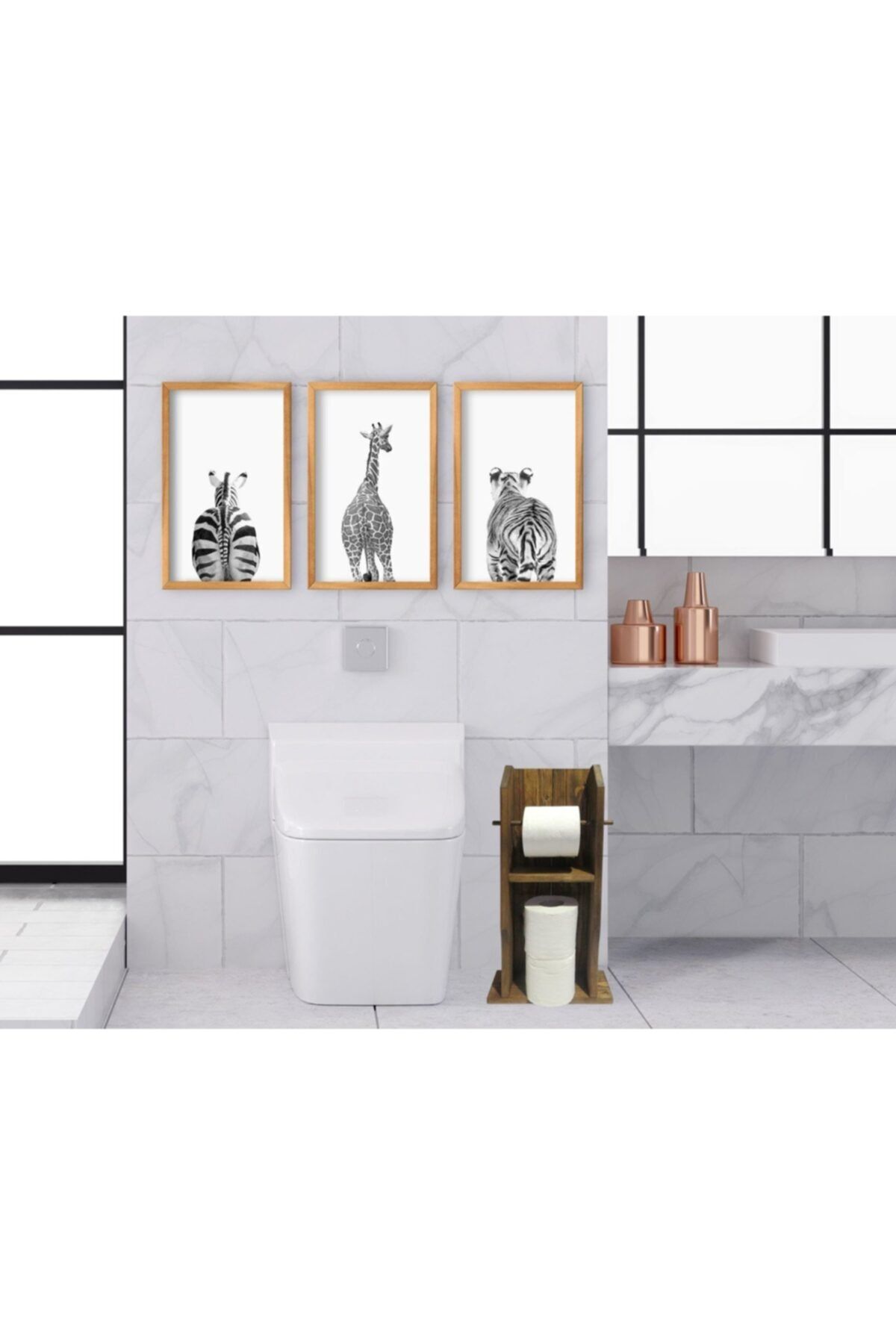 BK Home Doğal Masif Ahşap Tuvalet Kağıtlığı Ve Dekoratif 3’lü Retro Ahşap Tablo-2