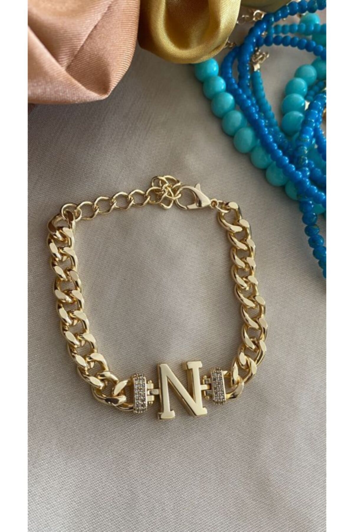 AychaAksesuar N Harfli Klasik Zincir Altın Kaplama Bileklik
