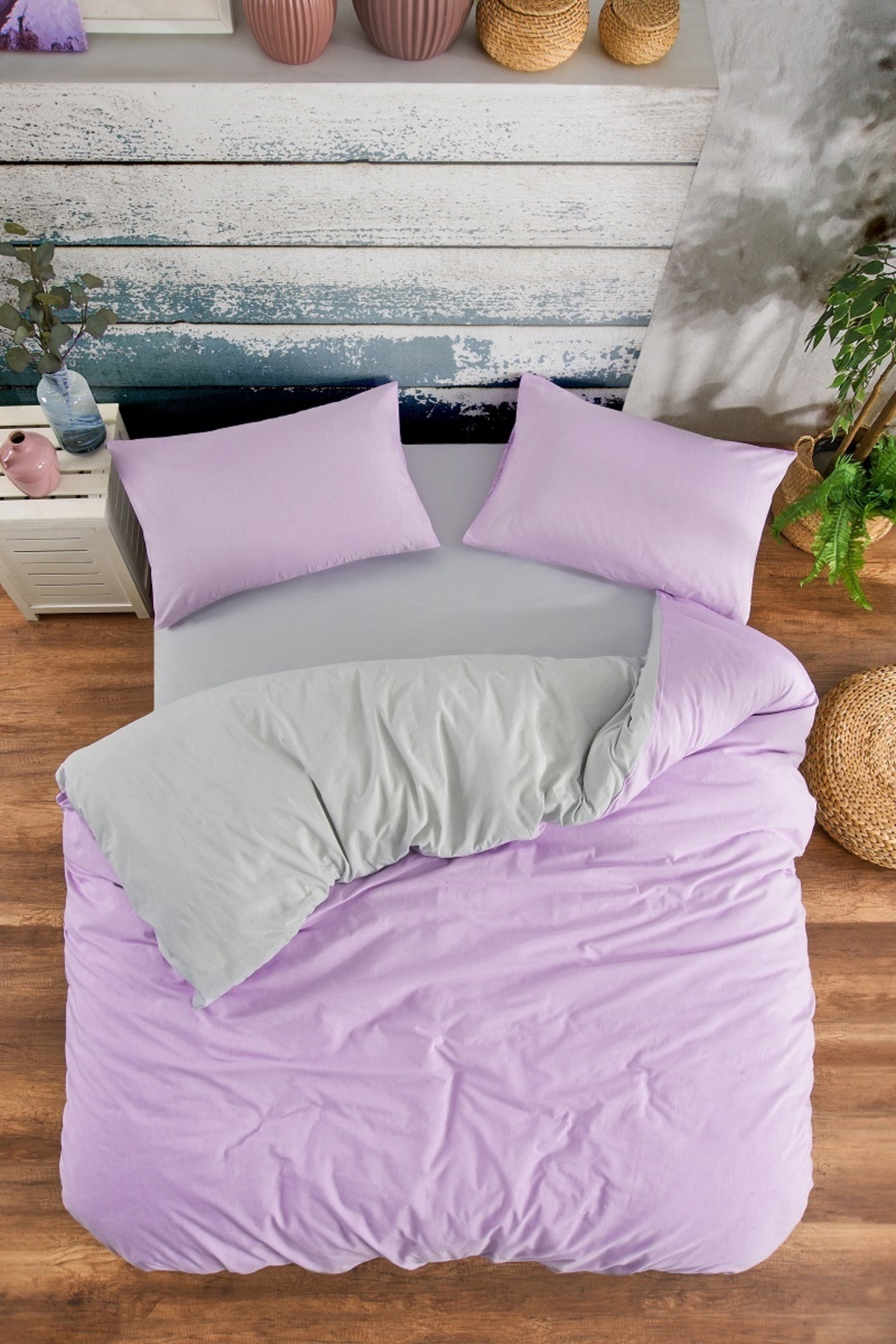 ست لحاف تک نفره لیلا خاکستری ملحفه الاستیک و 1 عدد روبالشی