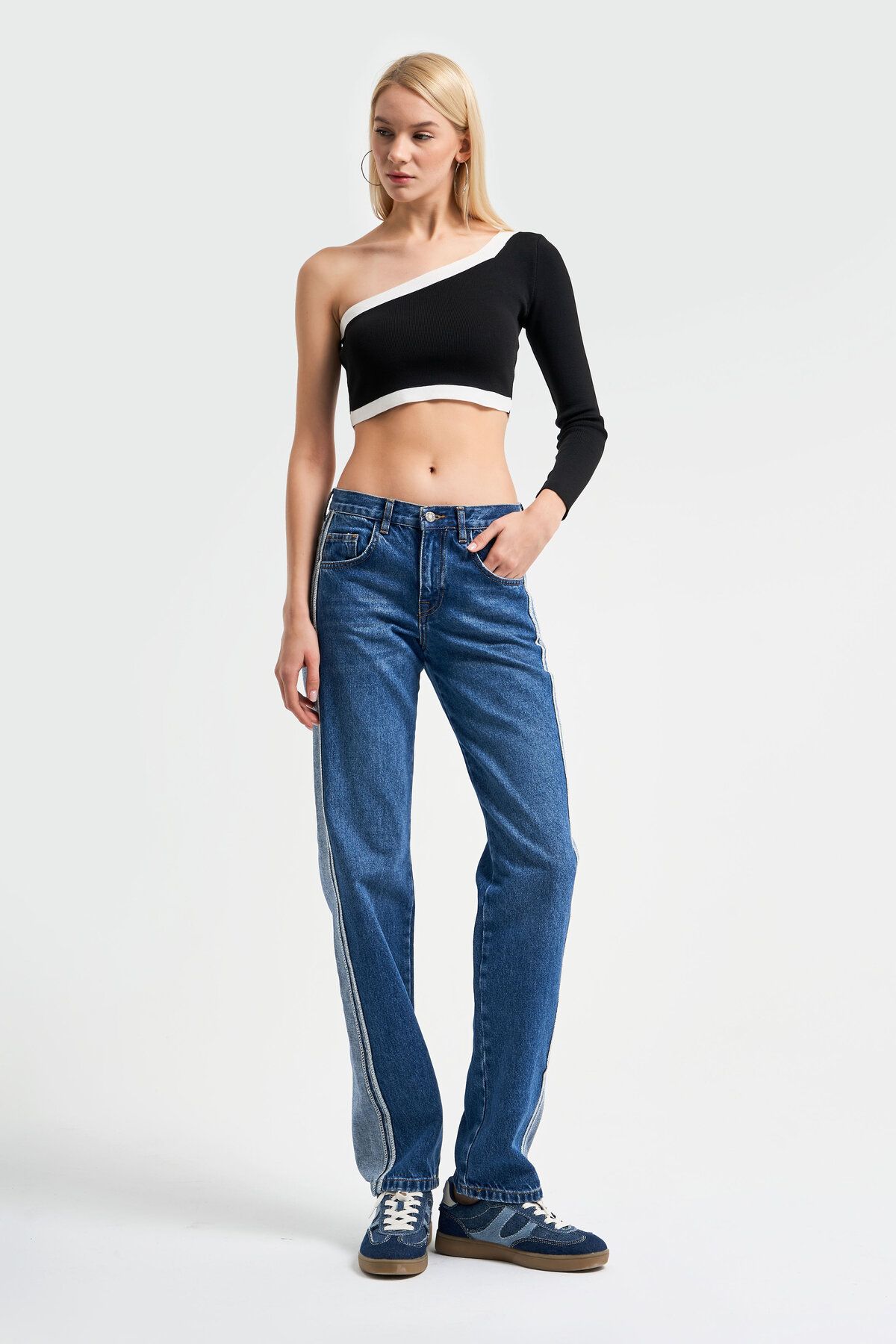 its basic Women s Denim Color Side Stripe Double Color Low Waist