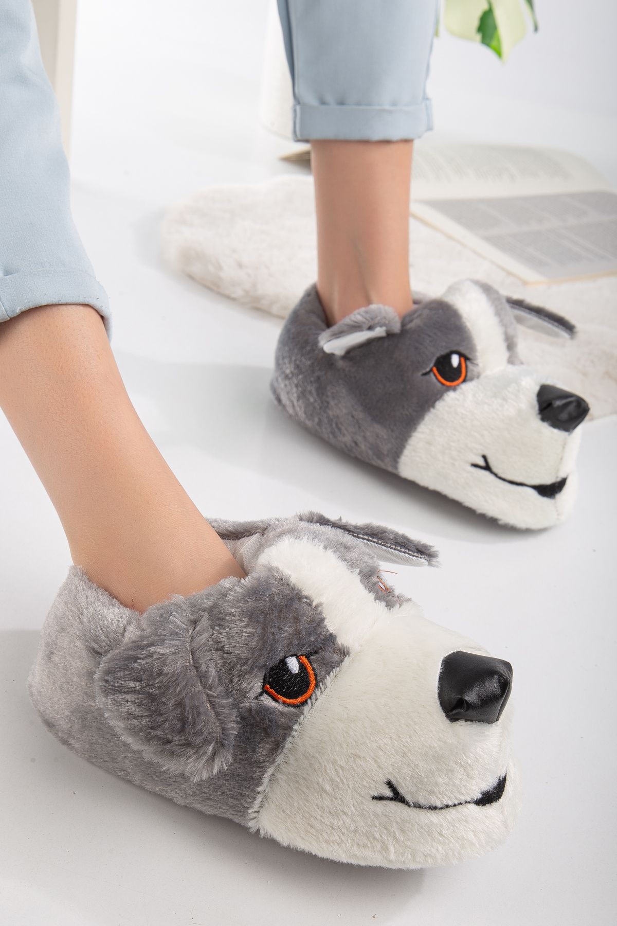 BOUIS Women s Gray Daily Dog Figure Silent Sole Plush Home Boots