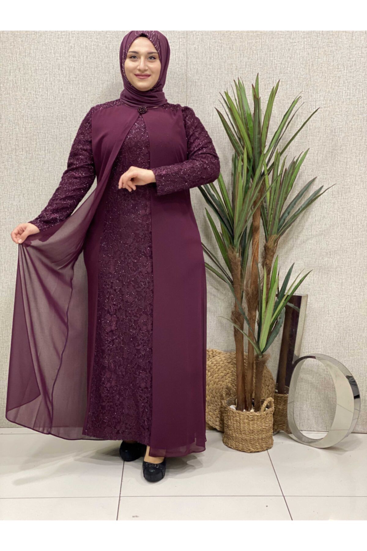Butik büyük beden Güpür Şifon Elbise