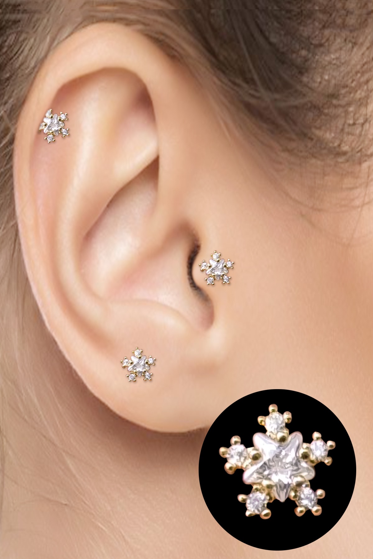 Salyangoz Company Cerrahi Çelik Kıkırdak Helix Tragus Piercing Yıldız Figür Gold Renk (1 Adet) Sydz7g