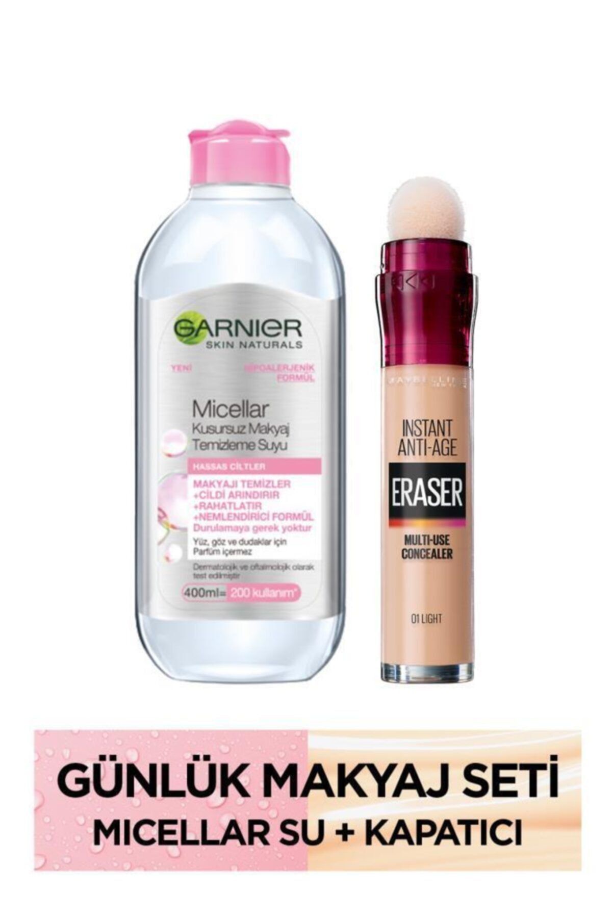 Maybelline New York Instant Anti Age Eraser Kapatıcı 01 Light + Garnier Micellar Kusursuz Makyaj Temizleme Suyu 400 ml