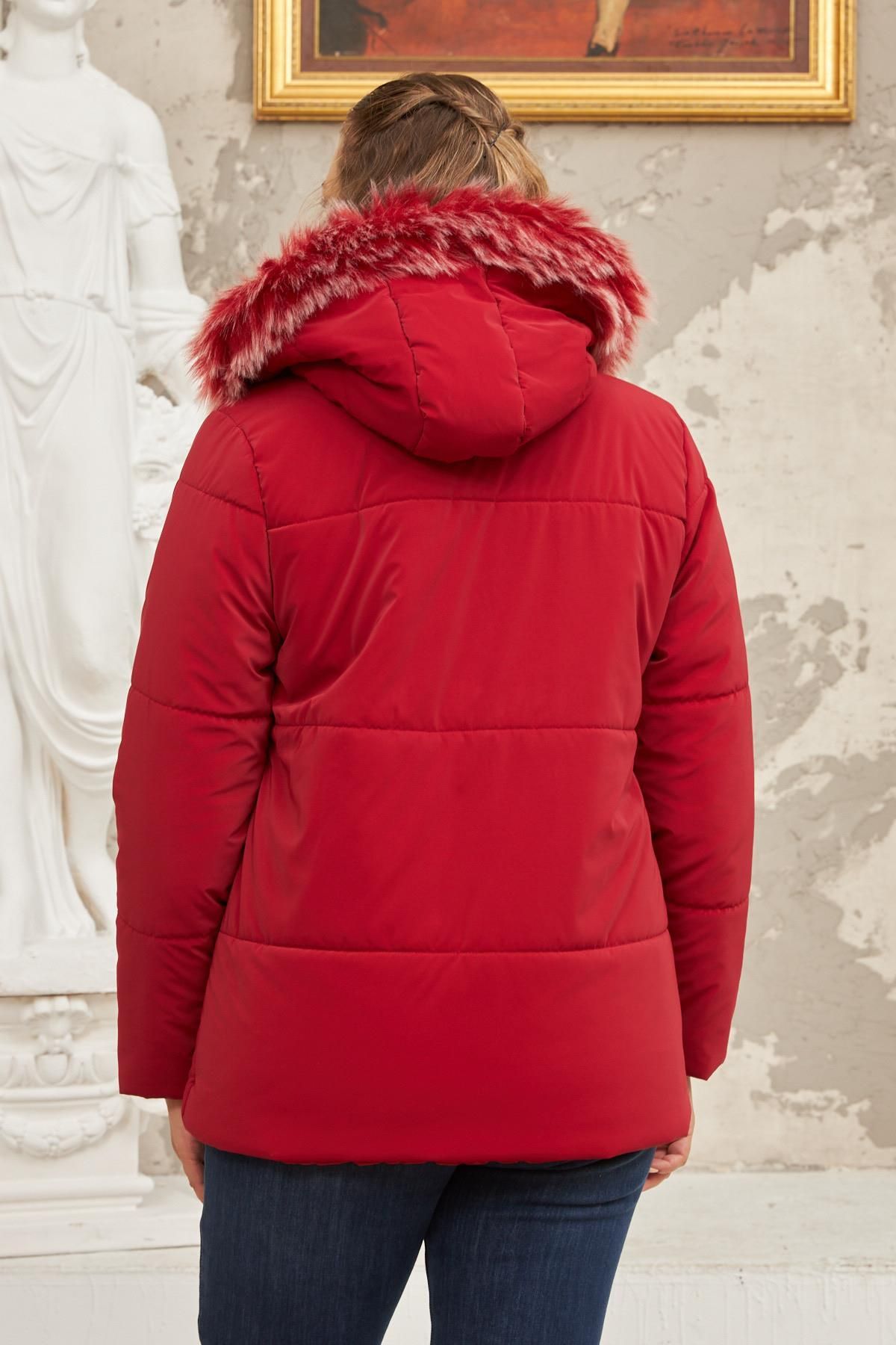 Rmg Hooded Matte Fabric Plus Size Red Puffer Coat Trendyol