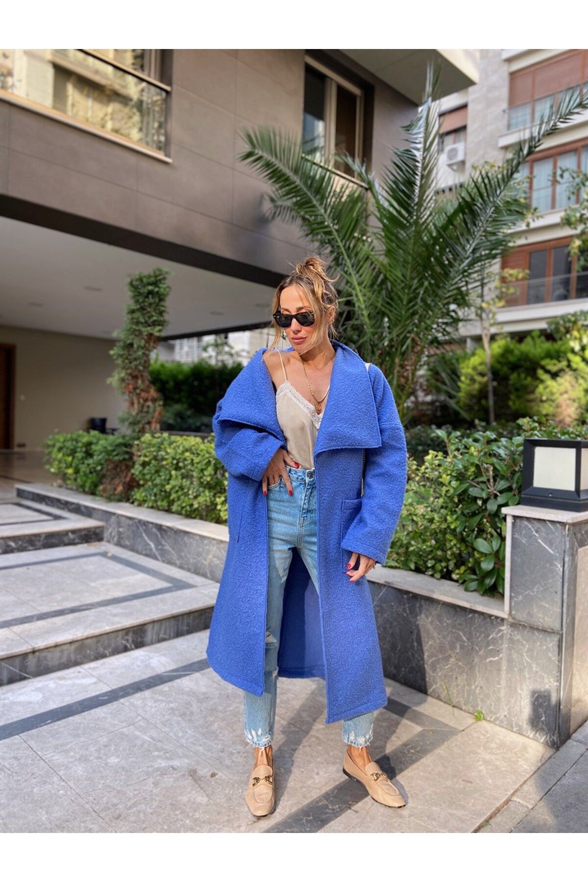 Blue felt coat outlet