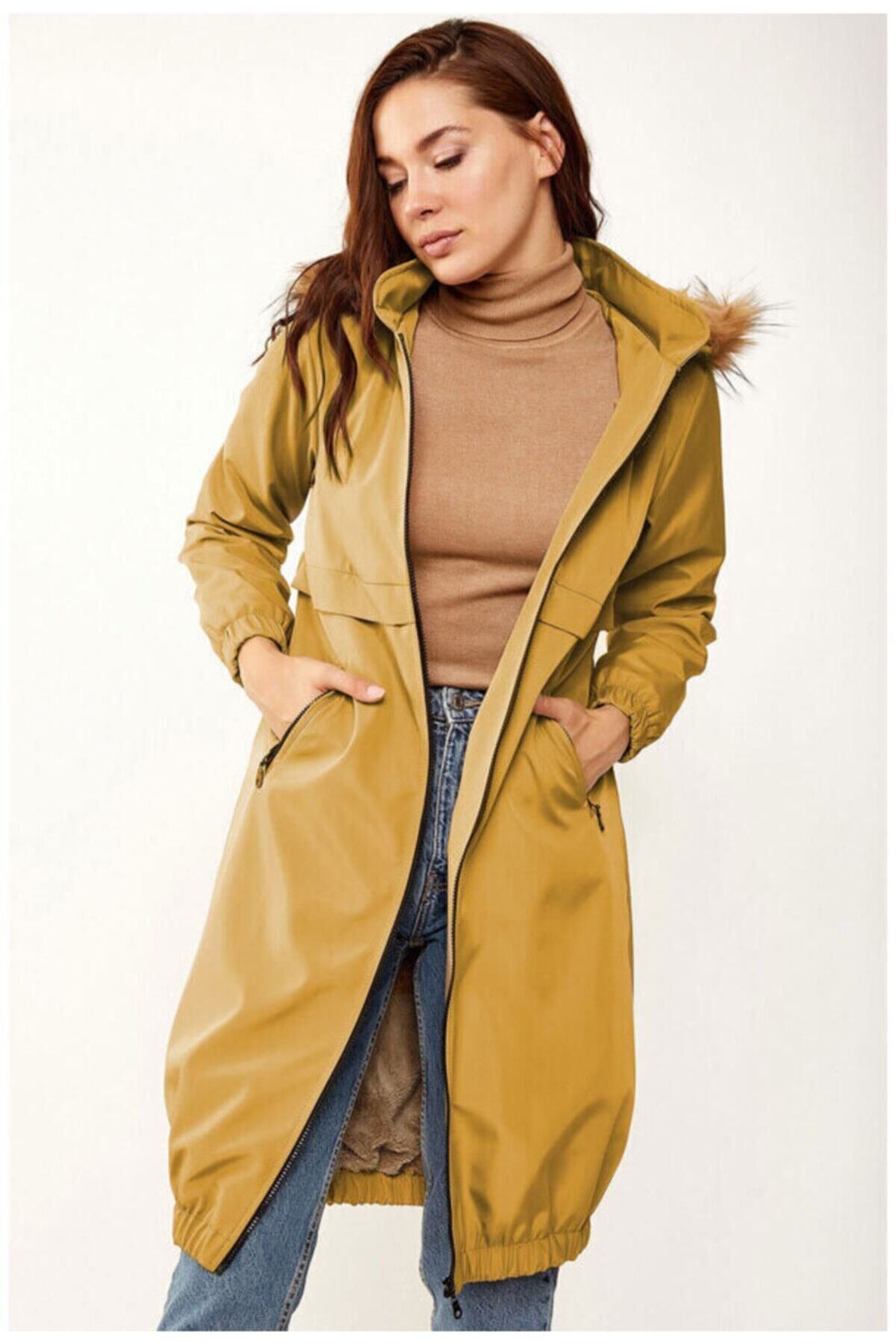 WoolnClyde Mustard Hooded Zipper Closing Elasticated Fur Lined