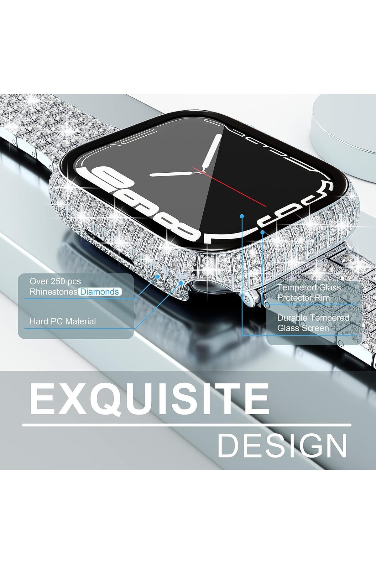 Apple Watch 41mm 7/8/9 سازگار با صفحه نمایش و محافظ قاب محافظ محافظ براق ساعت بزرگ سنگی